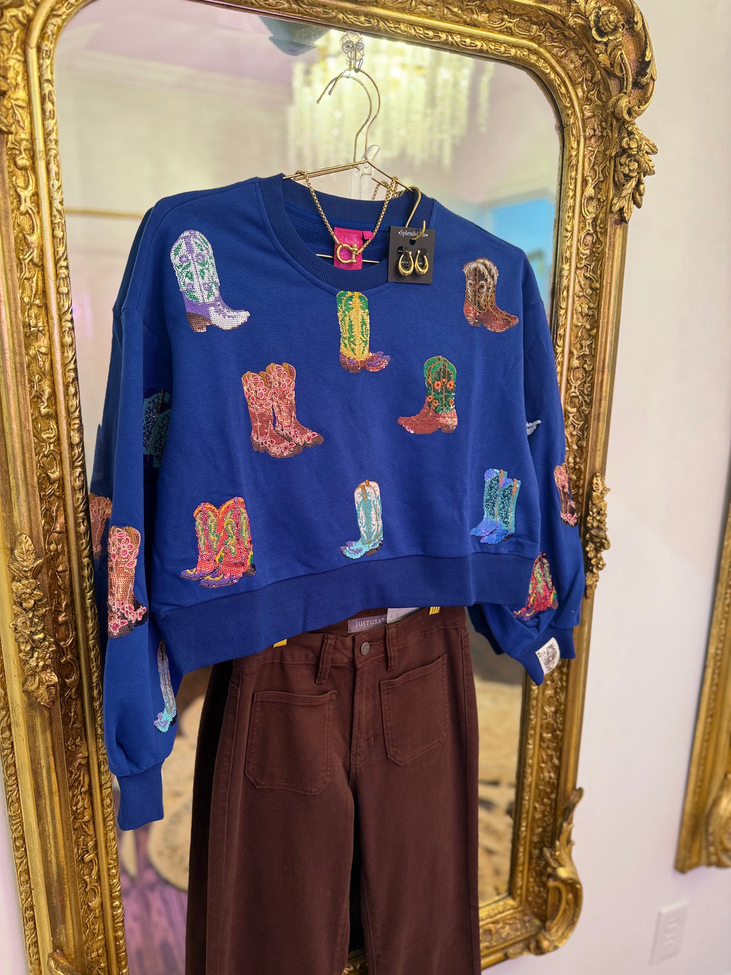 Royal Blue Multi Cowboy Boot Sweatshirt | Queen of Sparkles