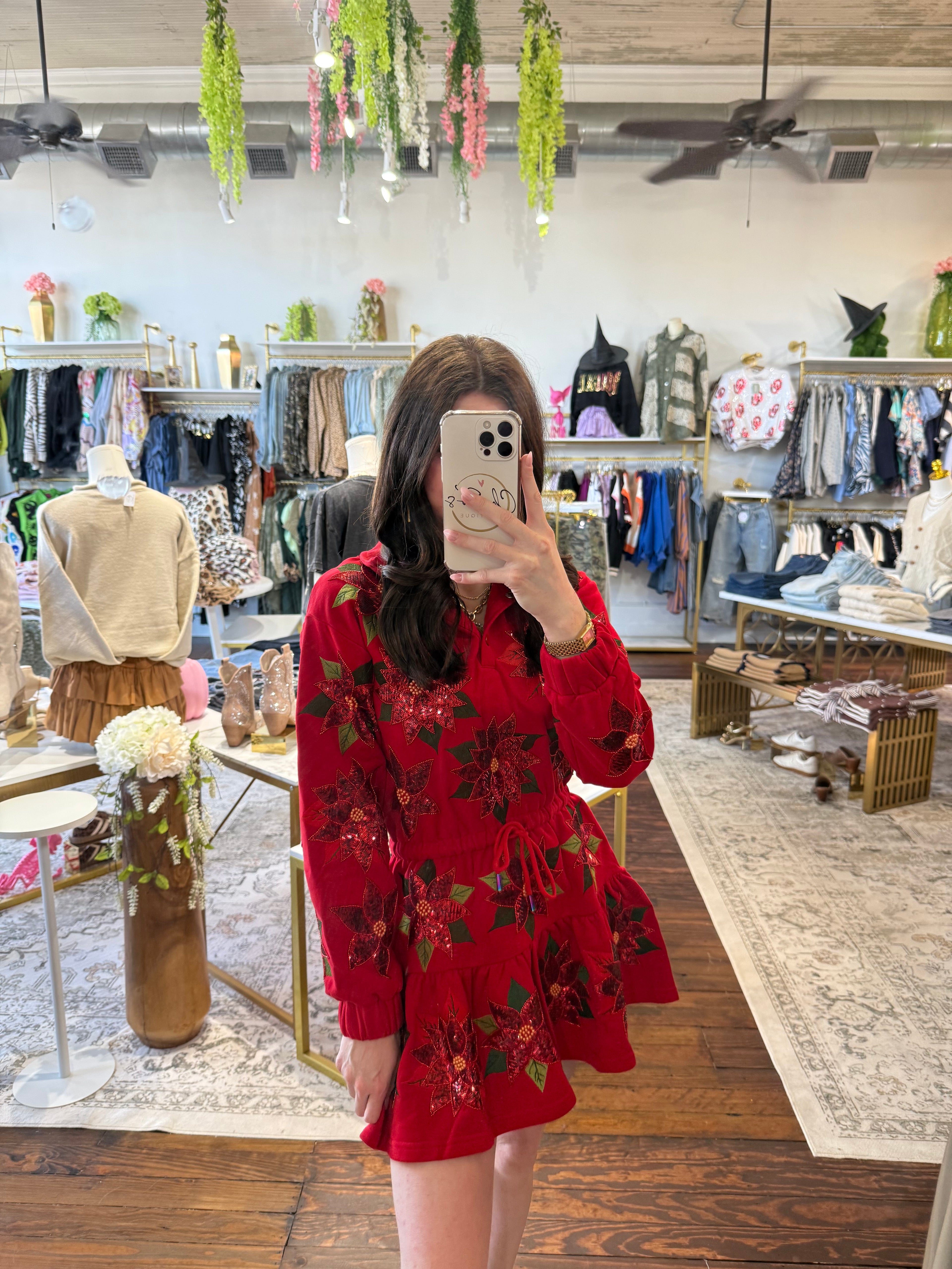 Red Poinsettia Button Up Mock Neck Tie Sweatshirt Dress | Queen Of Sparkles