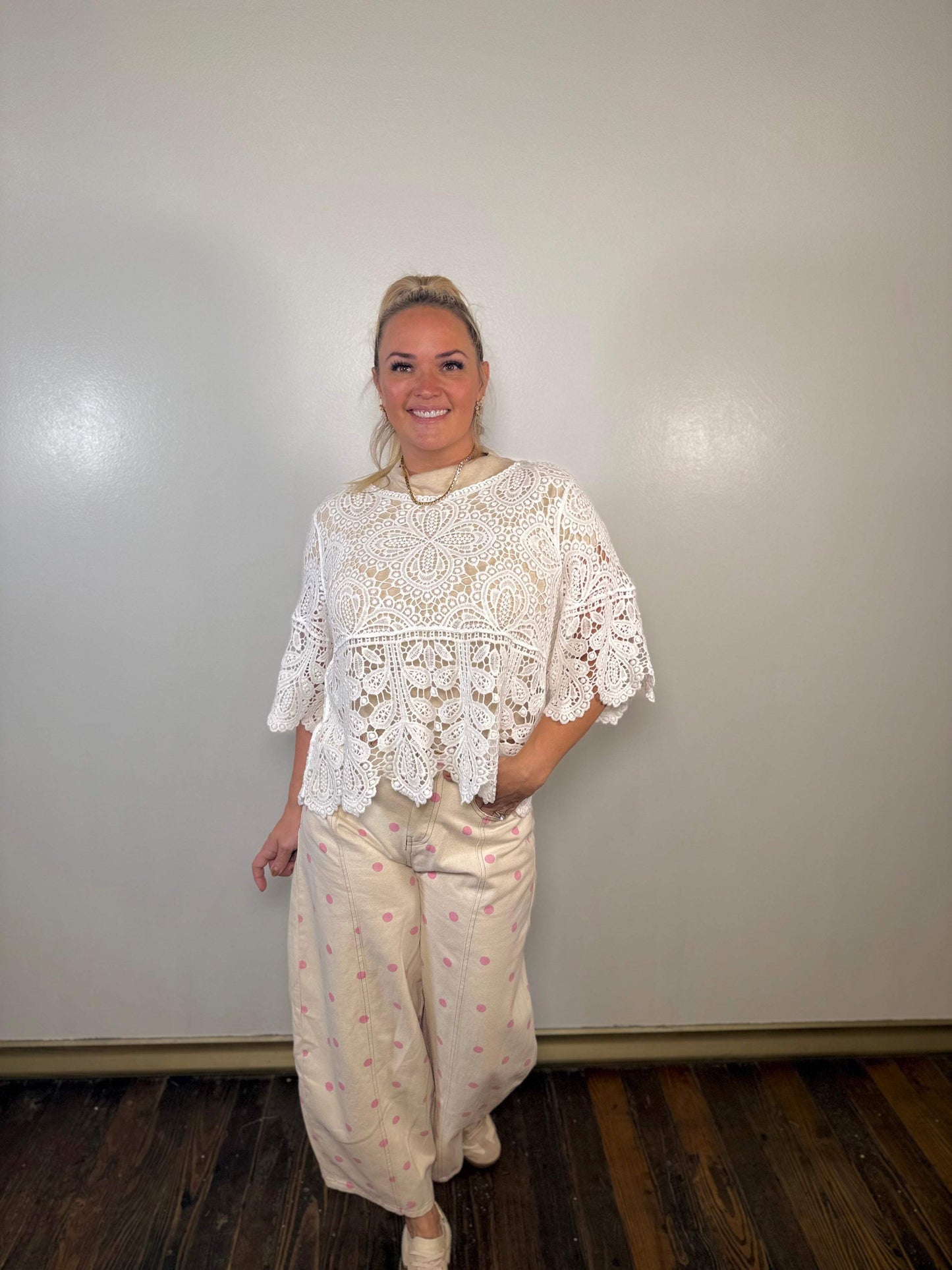 Polka Dot Denim Barrel Pants