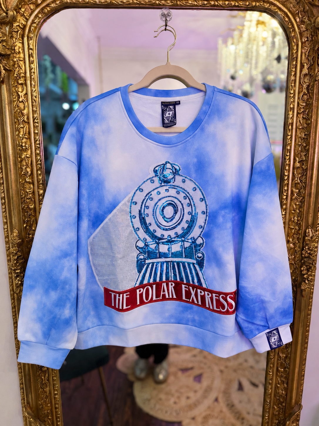 Licensed Light Blue Fog Sequin, Rhinestone & Beaded Polar Express Sweatshirt | Queen of Sparkles