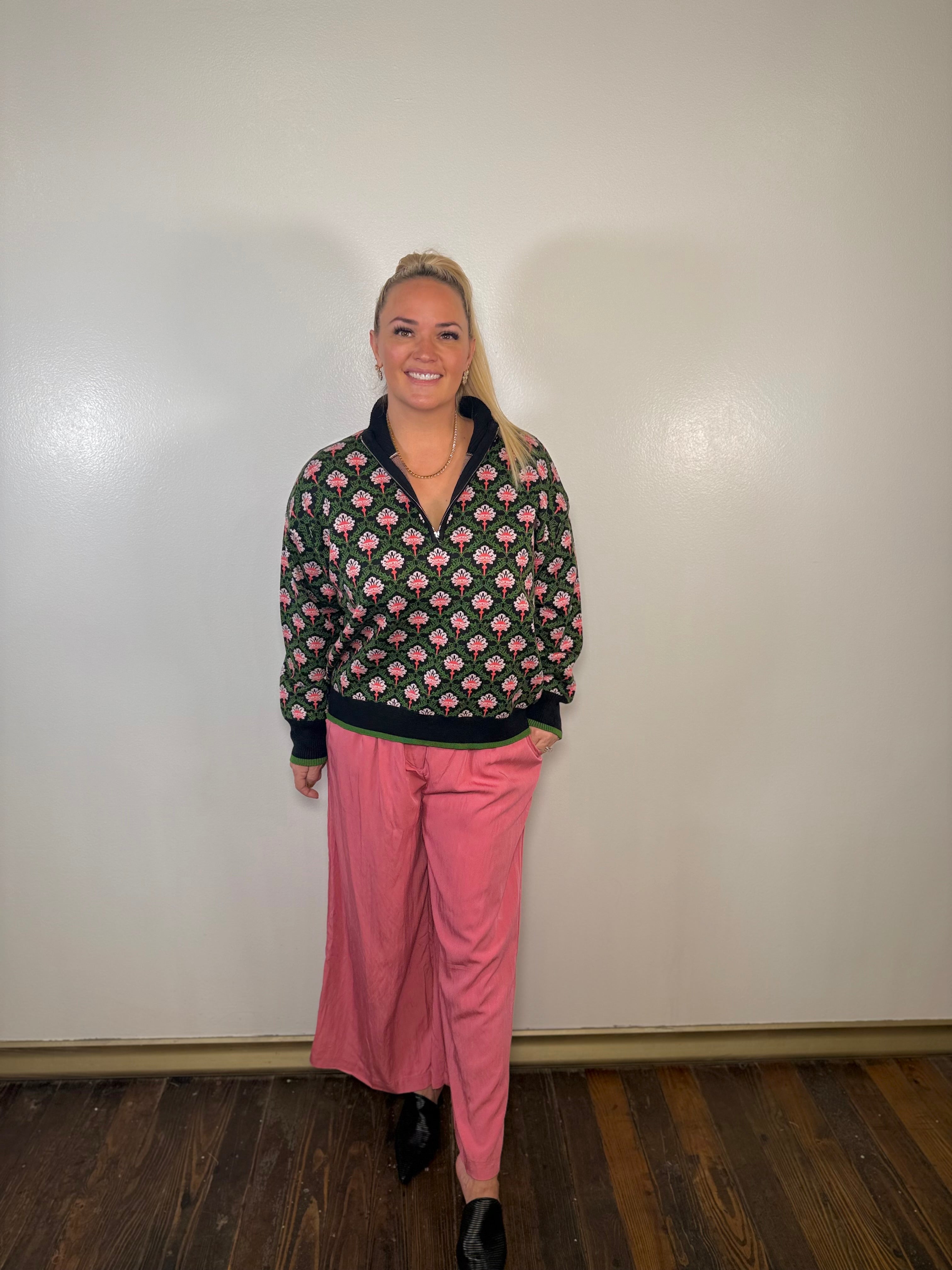 Vintage Floral Half Zip Sweater