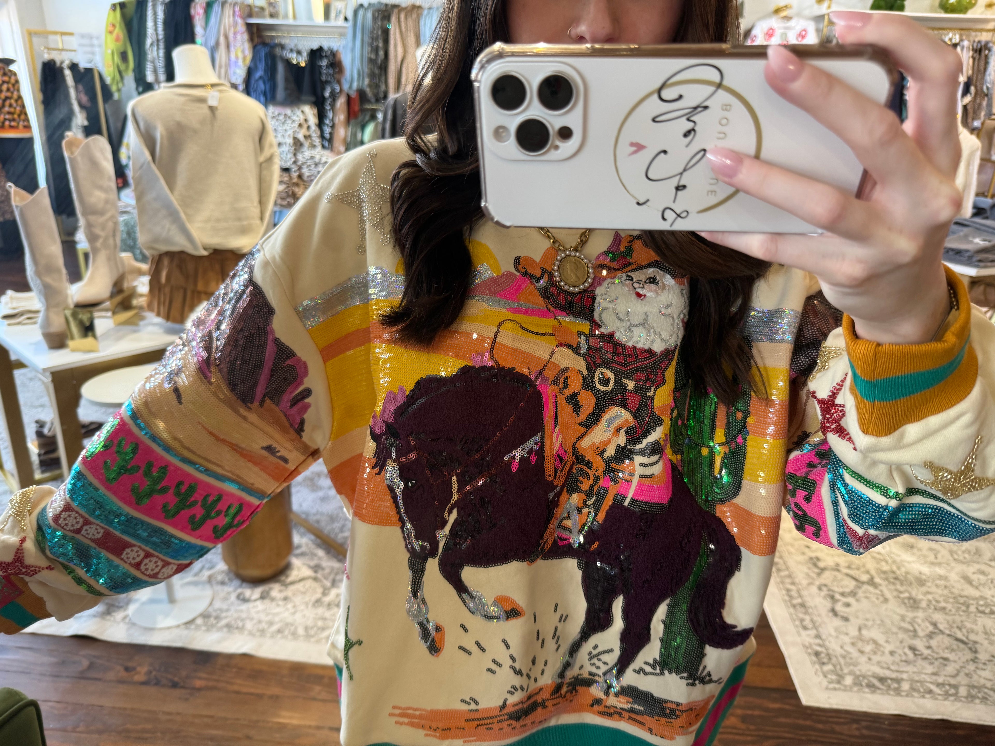 Multi Vintage Cowboy Santa Sweatshirt | Queen of Sparkles