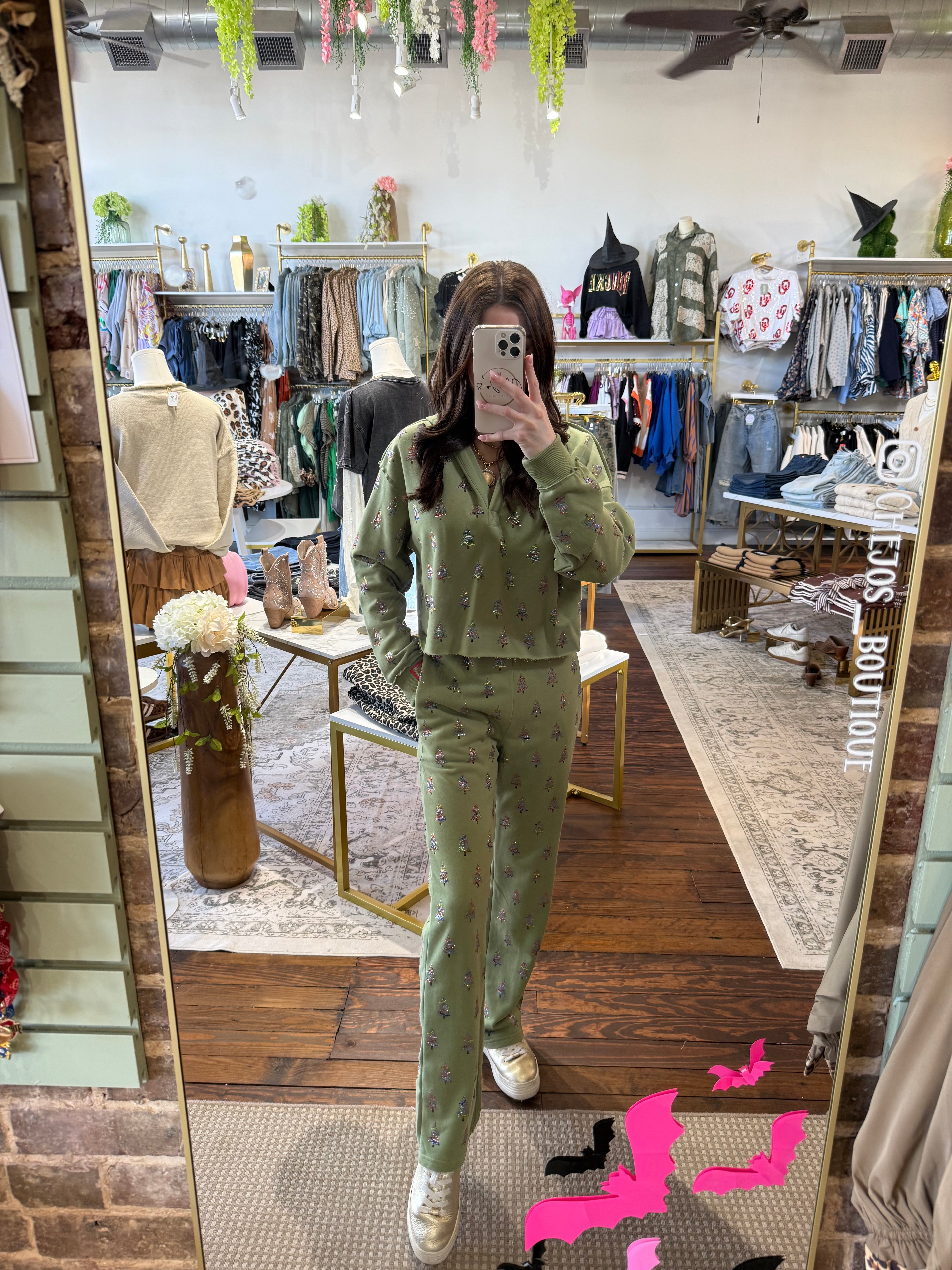 Mossy Green Scattered Multi Christmas Tree Sweatpant | Queen of Sparkles
