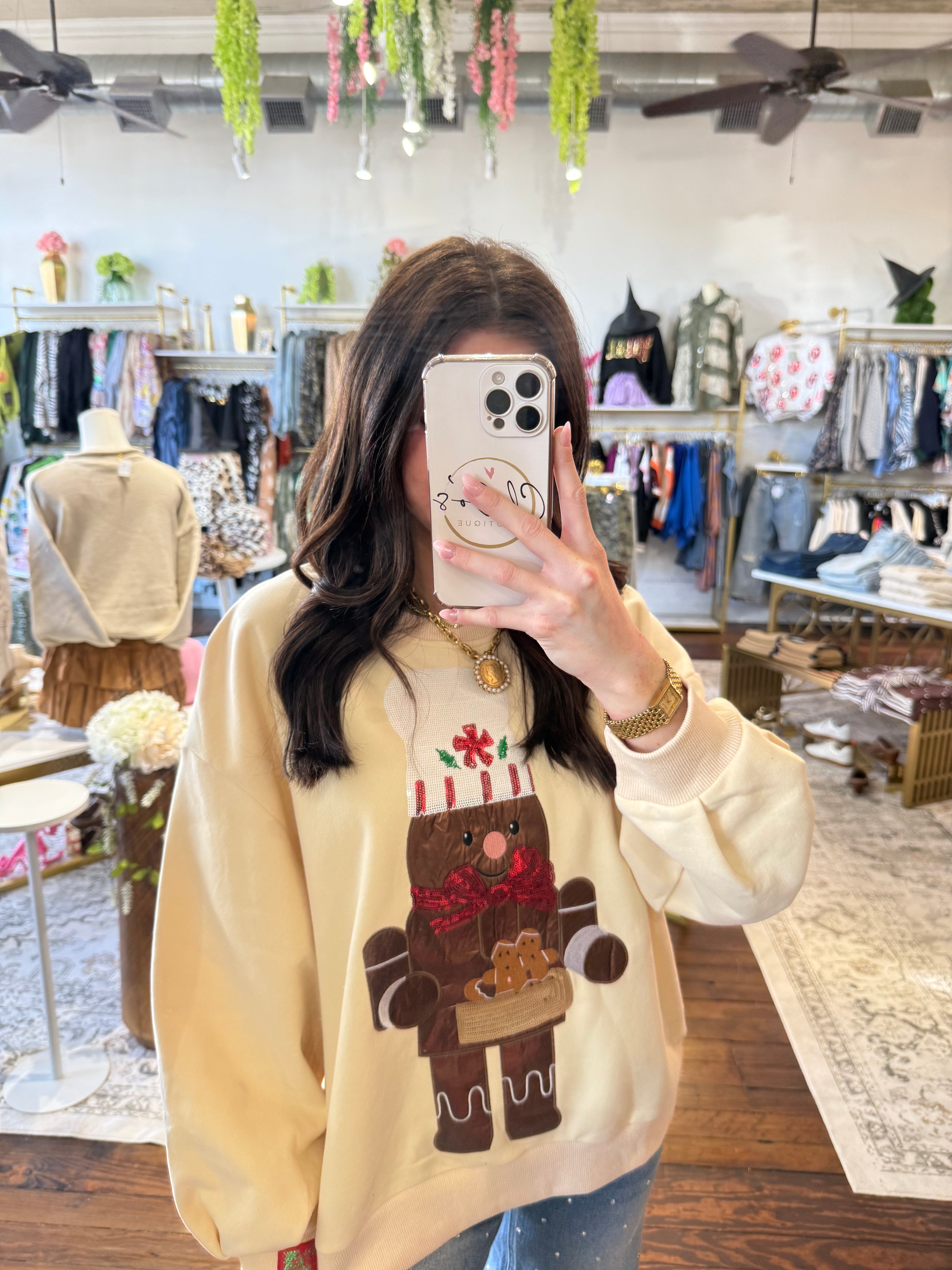 Beige Metallic Gingerbread Man Sweatshirt | Queen of Sparkles