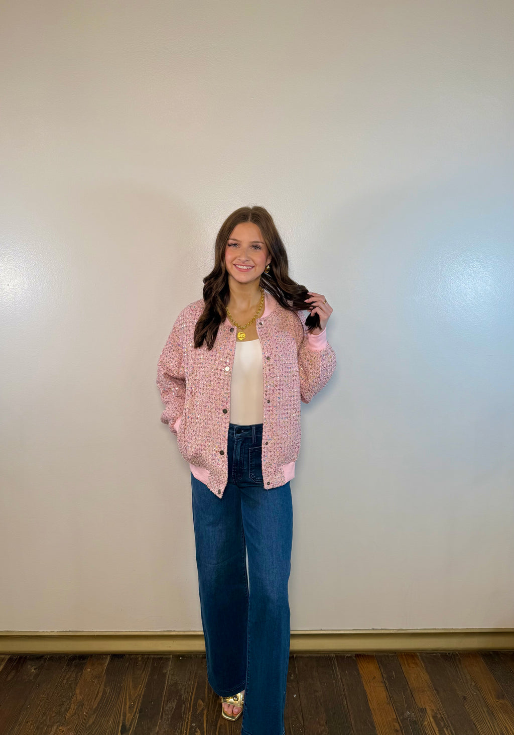 Sequin Tweed Bomber Jacket