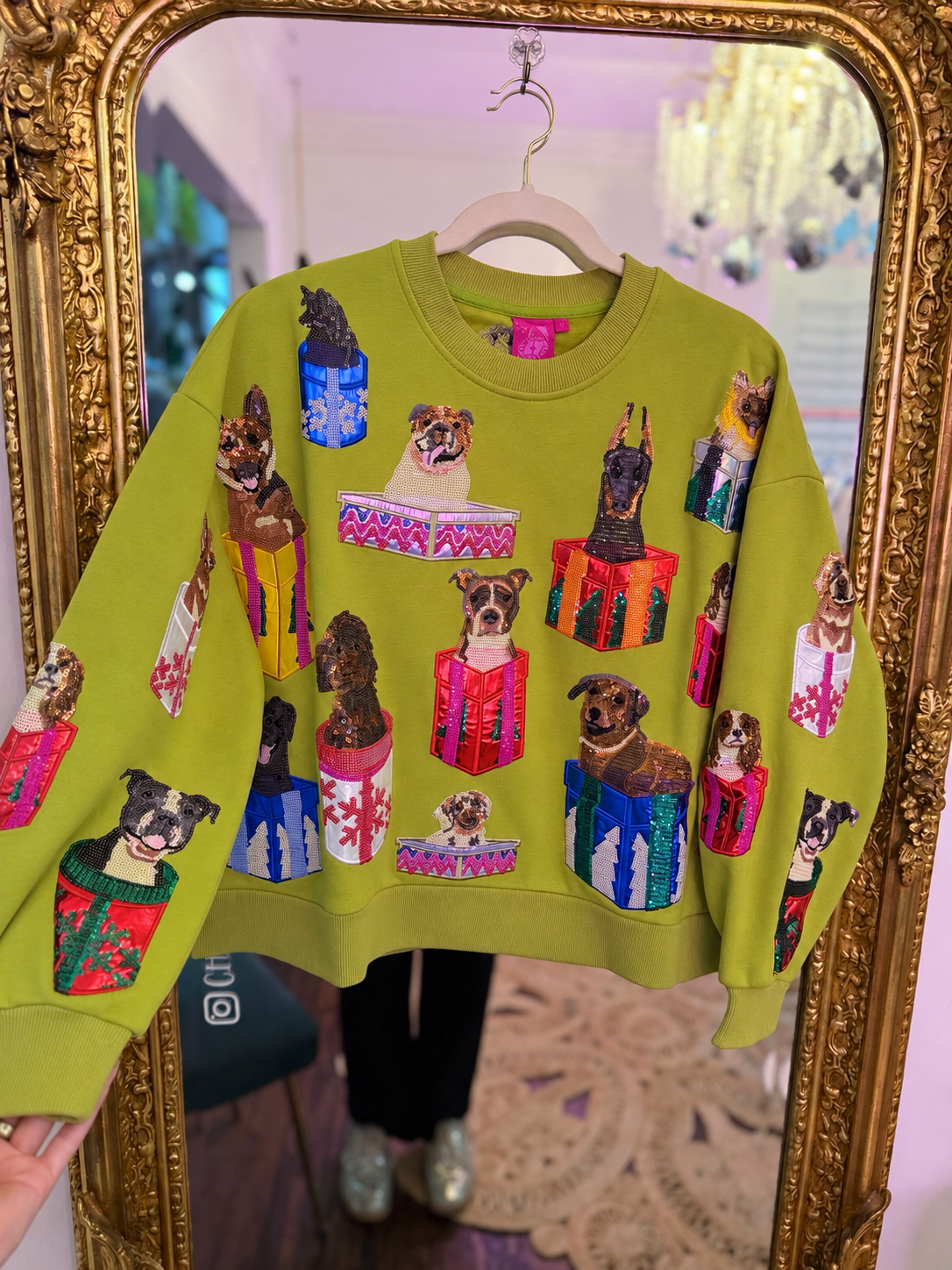 Green Dogs in Present Boxes Sweatshirt  | Queen of Sparkles