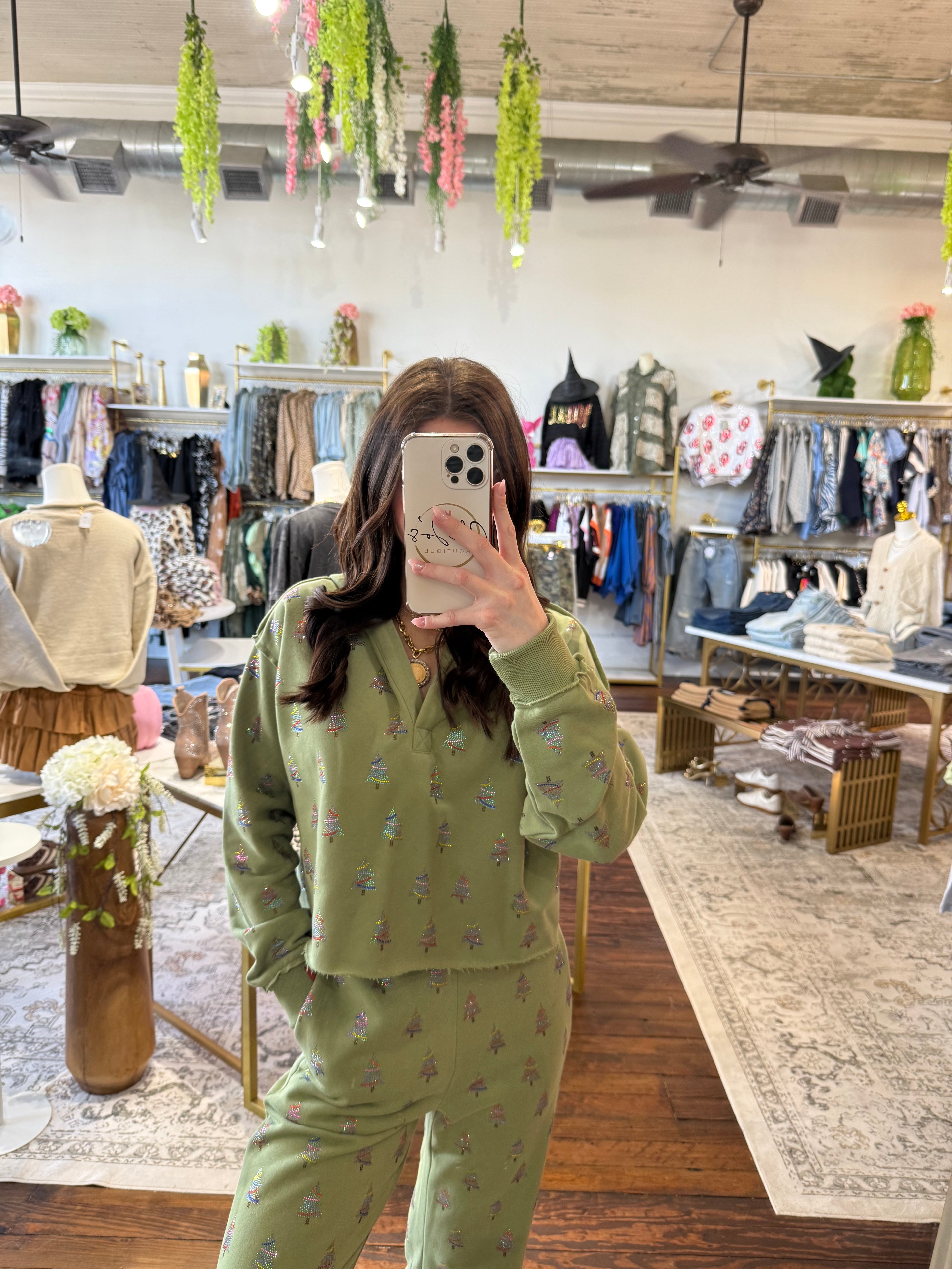 Mossy Green Scattered Multi Christmas Tree Hoodie | Queen of Sparkles
