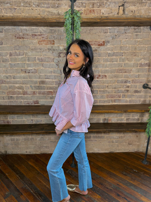 Gingham Meadow Button Down Blouse | PLUS SIZE AVAILABLE