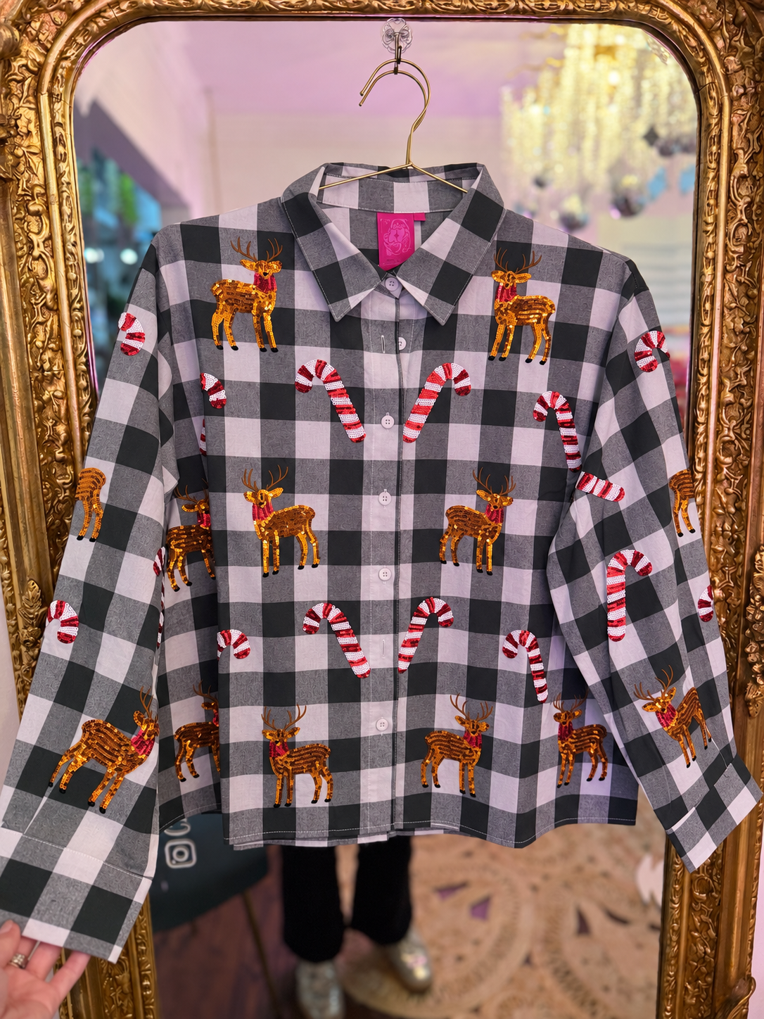 Green & White Plaid Reindeer & Candy Cane Button Up Top | Queen of Sparkles