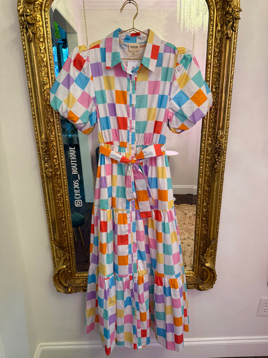 Checkers & Charm Puff Sleeve Maxi Dress