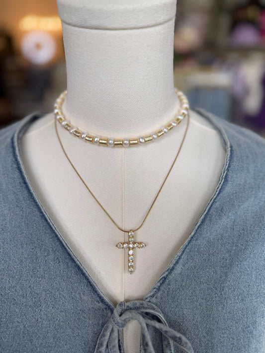 18k Gold Plated Rhinestone Cross Necklace | Water Resistant