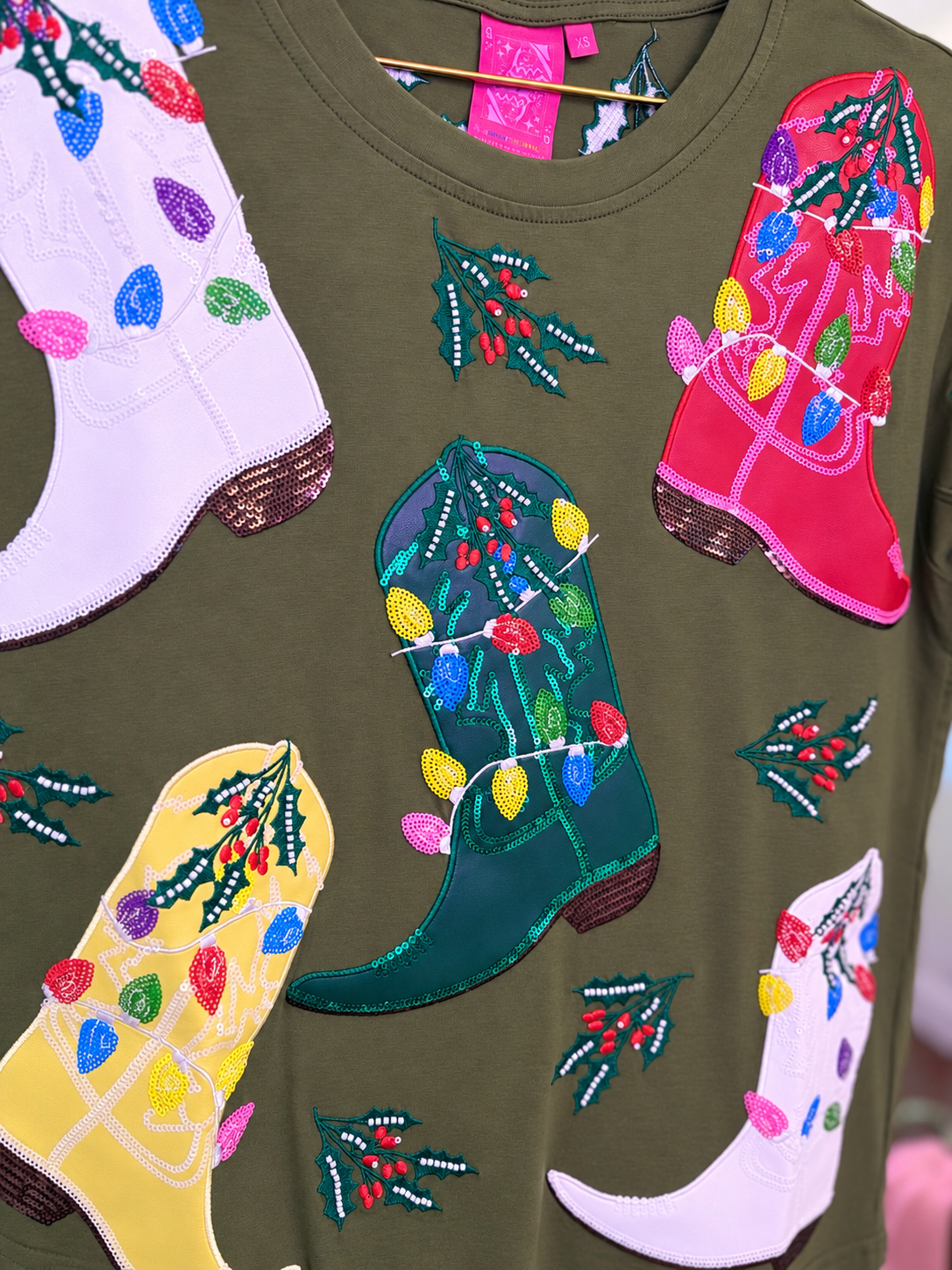 Green Multi Christmas Cowboy Boots Tee | Queen of Sparkles