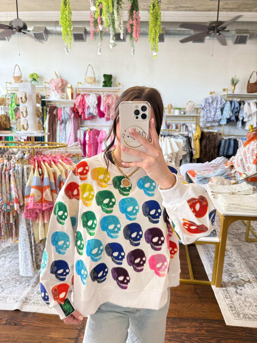 White Rainbow Skulls Sweatshirt | Queen of Sparkles