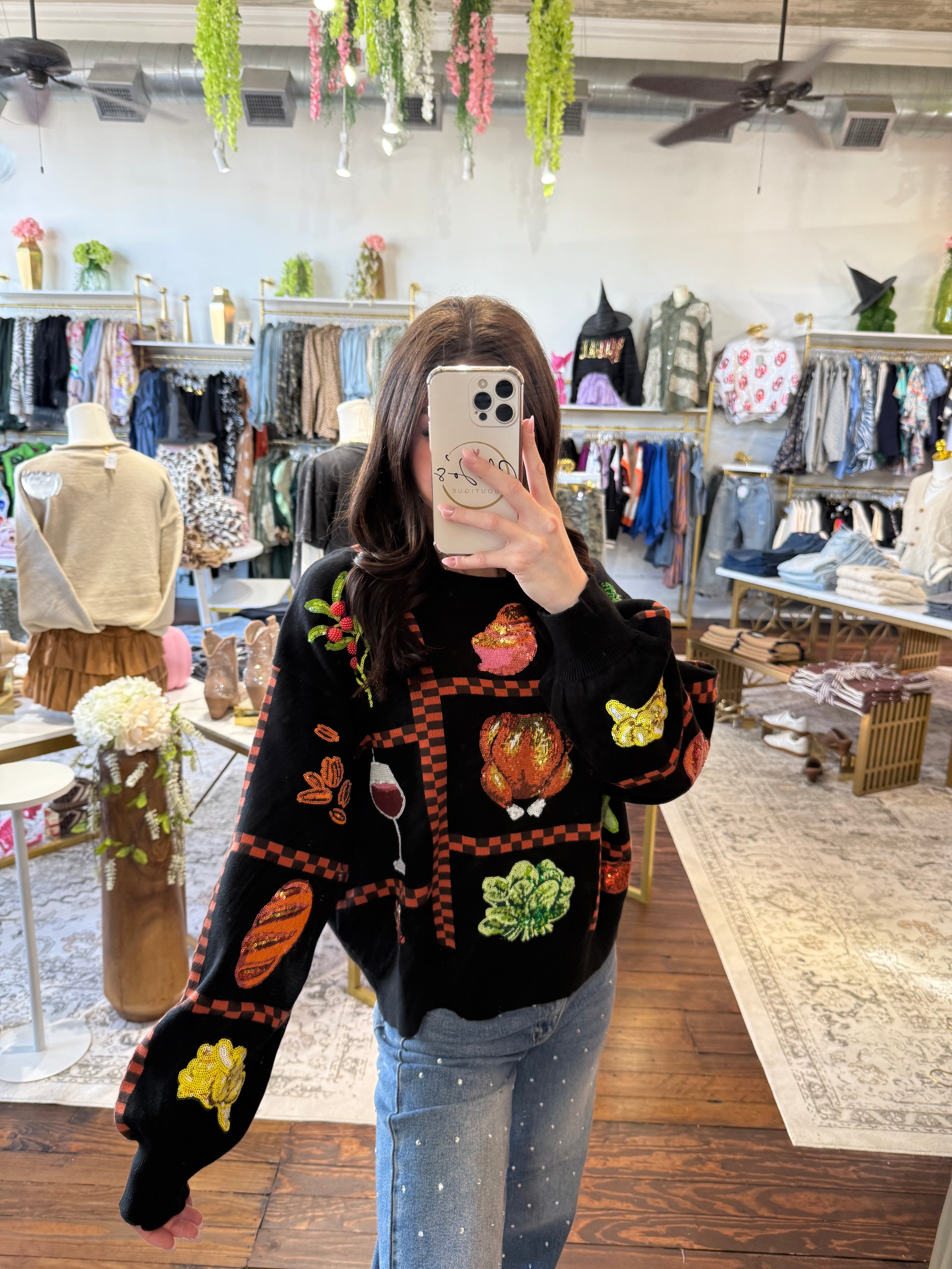 Black Checkered Thanksgiving Icon Sweater | Queen of Sparkles
