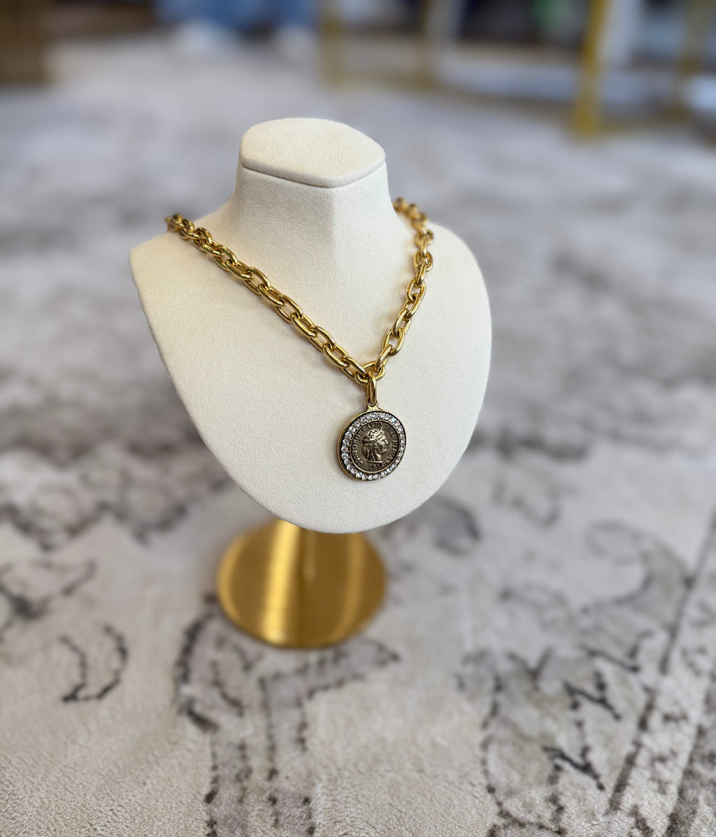 1973 Heirloom Rhinestone Medallion Coin Necklace
