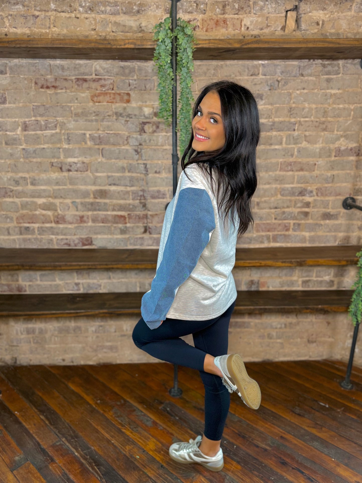 Denim Patchwork Collared Sweatshirt
