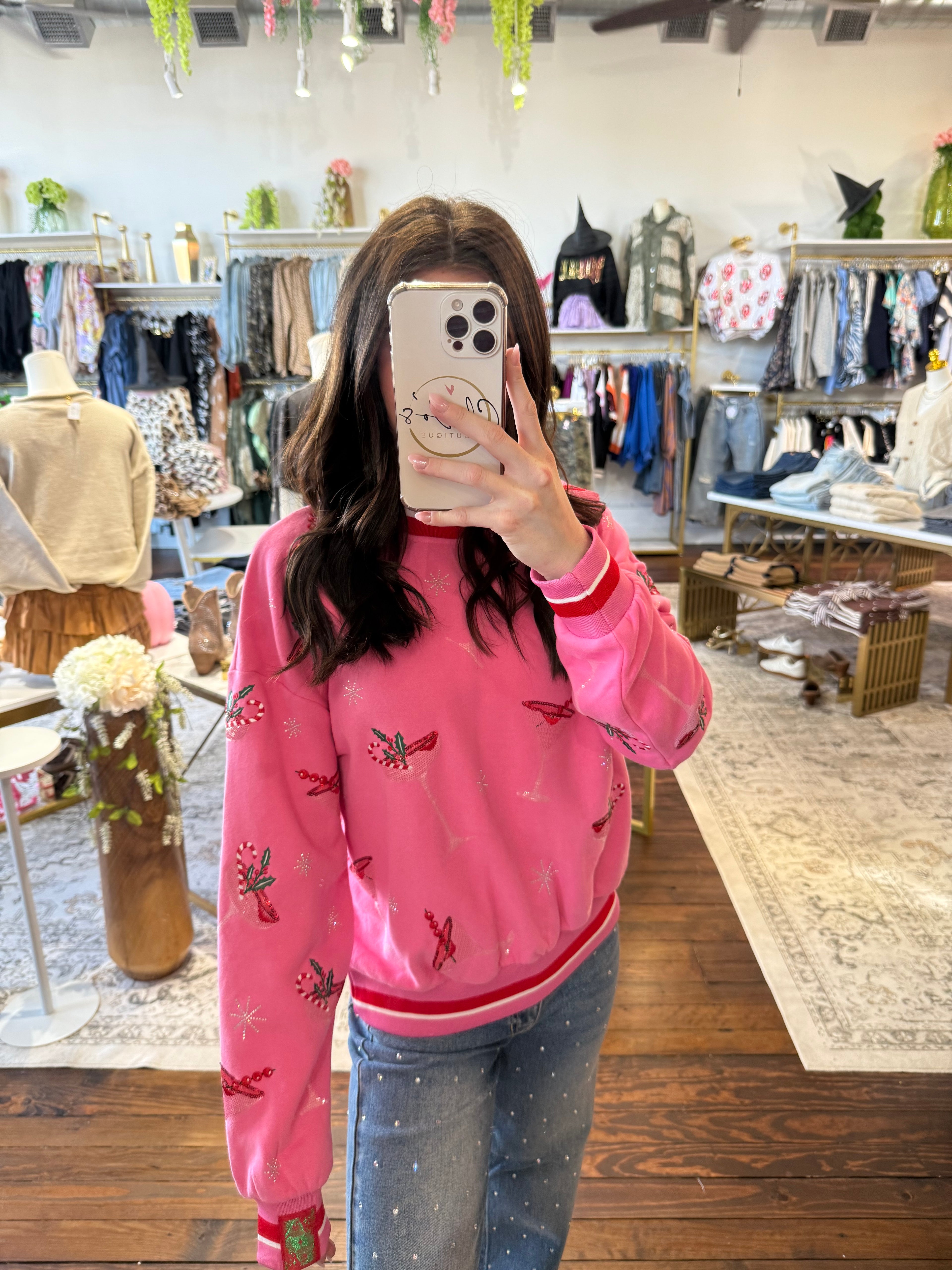 Bright Pink Christmas Cocktail Sweatshirt | Queen of Sparkles