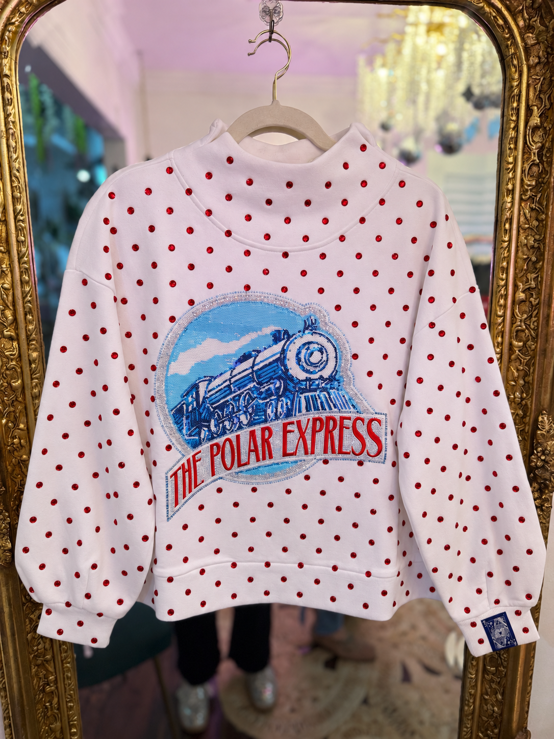 Licensed White Scattered Rhinestone Sequin, Rhinestone & Beaded Polar Express Mockneck Sweatshirt | Queen of Sparkles
