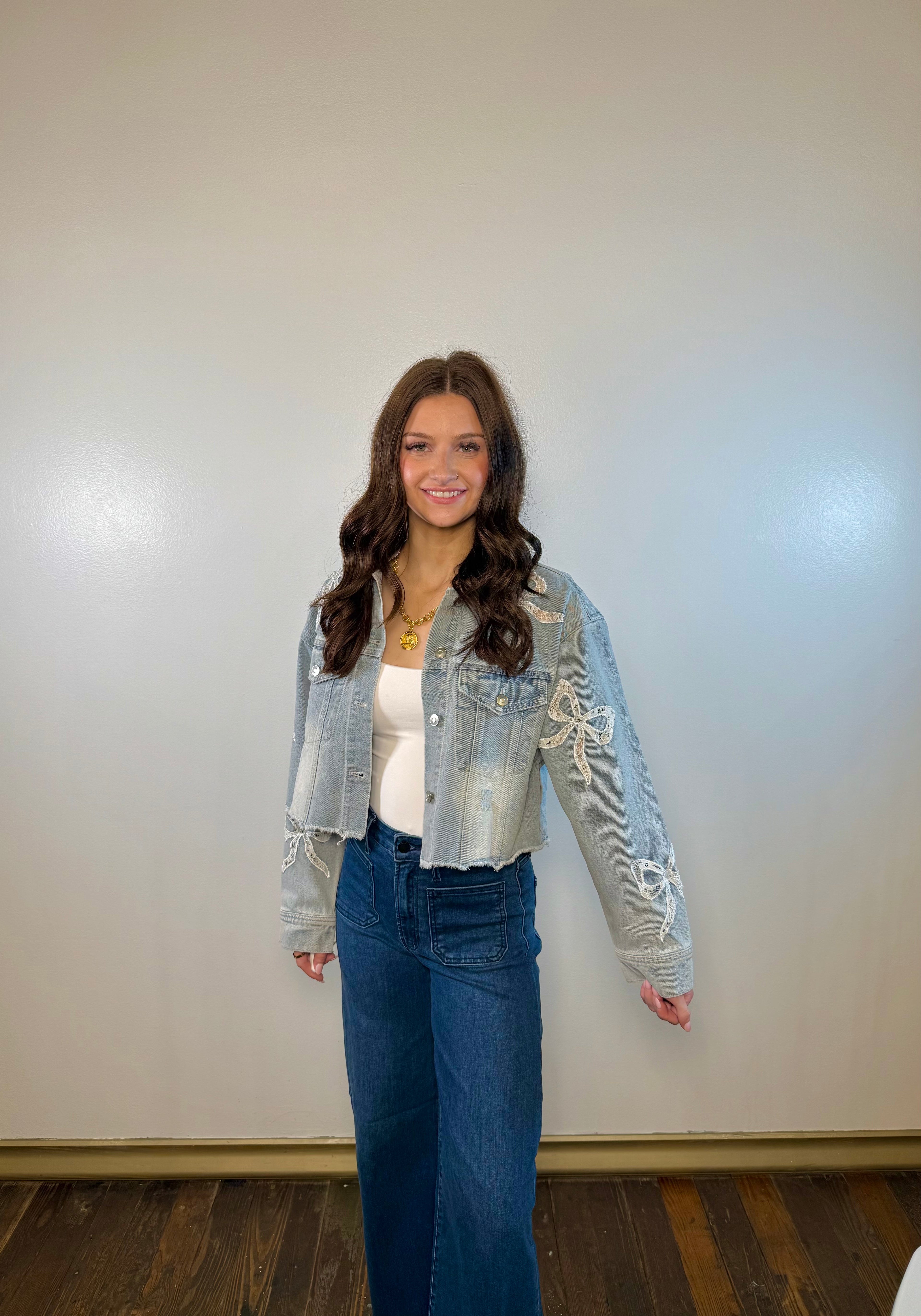 Embroidered Lace Bow Denim Jacket