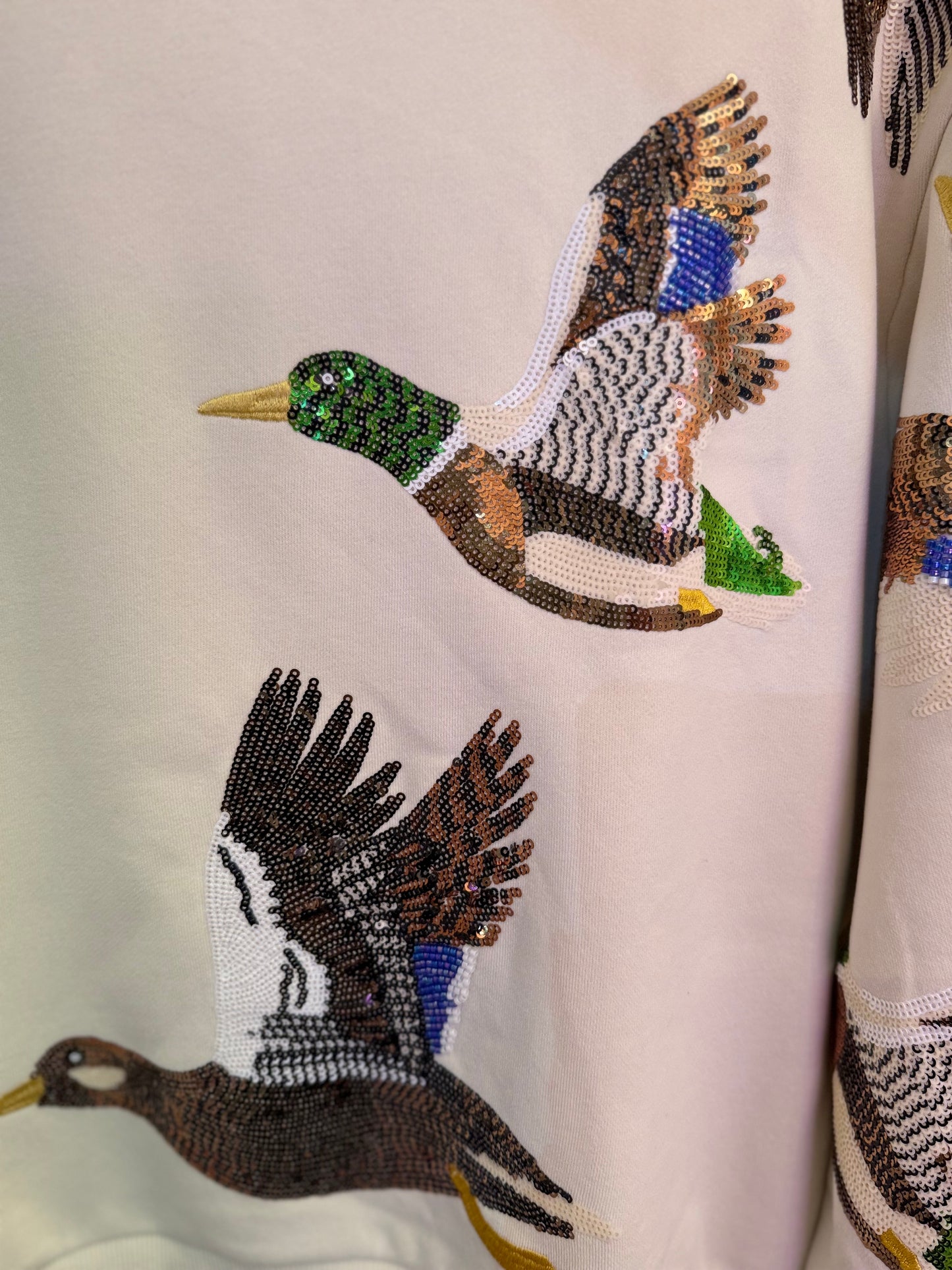 Ivory Flying Ducks Mock Neck Sweatshirt | Queen of Sparkles