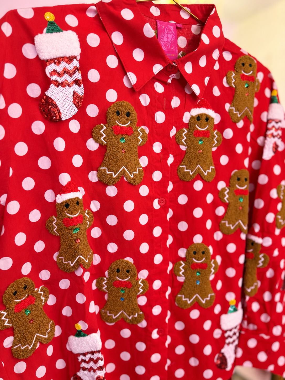 Red & White Polka Dot Gingerbread Man & Stocking Cotton Top | Queen of Sparkles