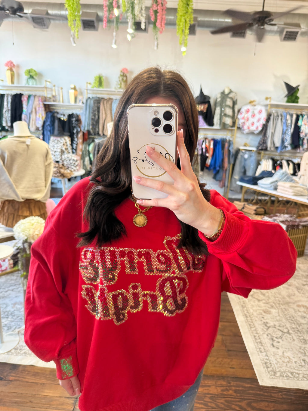 Red Rhinestone 'Merry & Bright' Sweatshirt | Queen of Sparkles