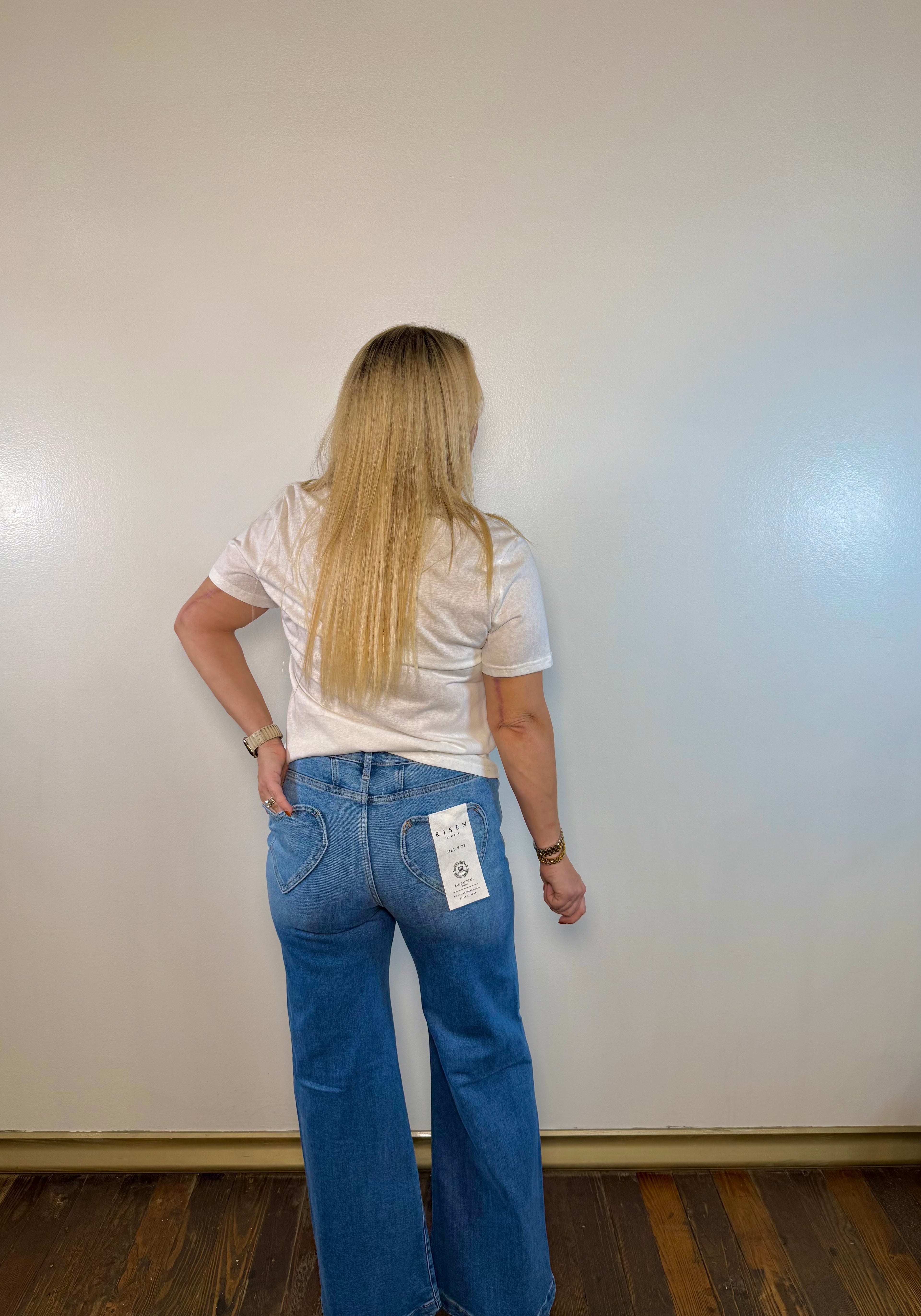 High Rise Wide Leg Heart Back Pocket Jeans | Risen Jeans | PLUS SIZE AVAILABLE