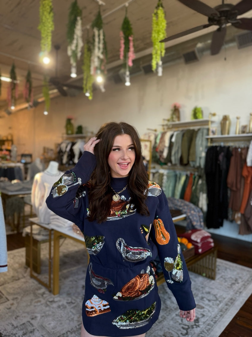 Navy Queen of Turkey Mock Neck Dress | Queen of Sparkles