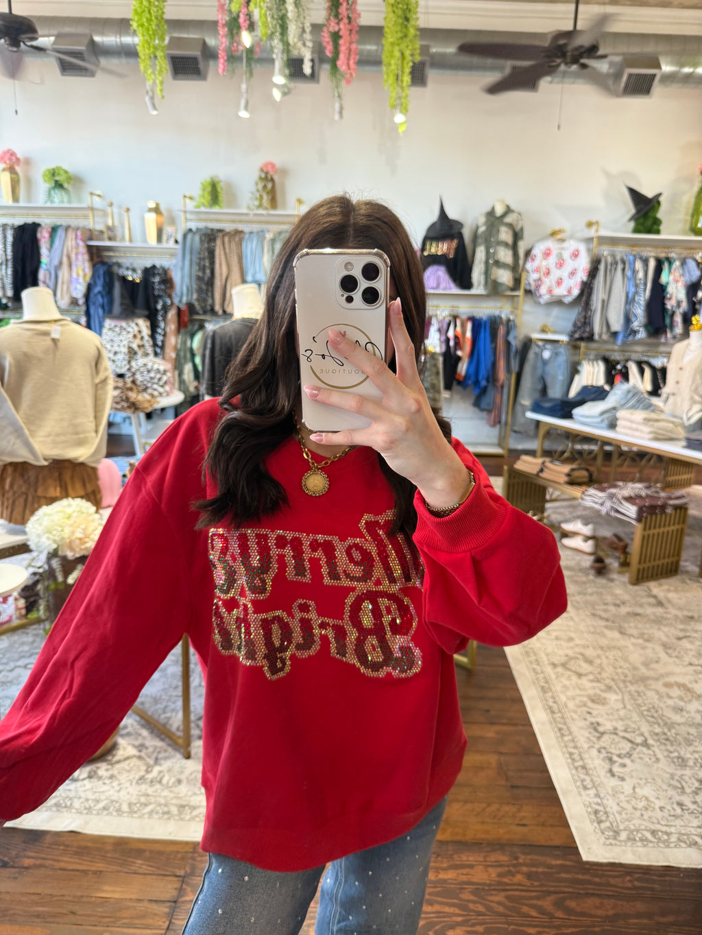 Red Rhinestone 'Merry & Bright' Sweatshirt | Queen of Sparkles