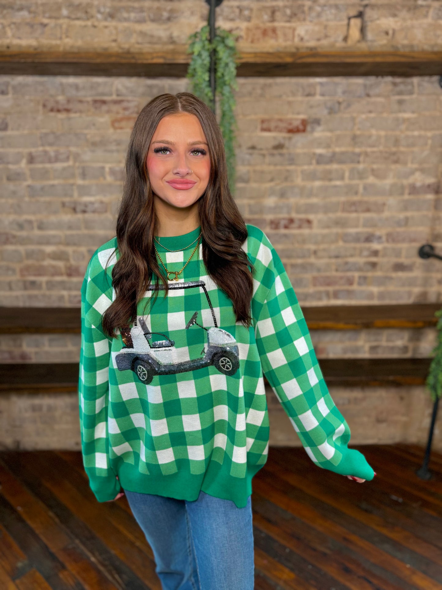 Green & White Checkered Golf Cart Sweater | Queen of Sparkles