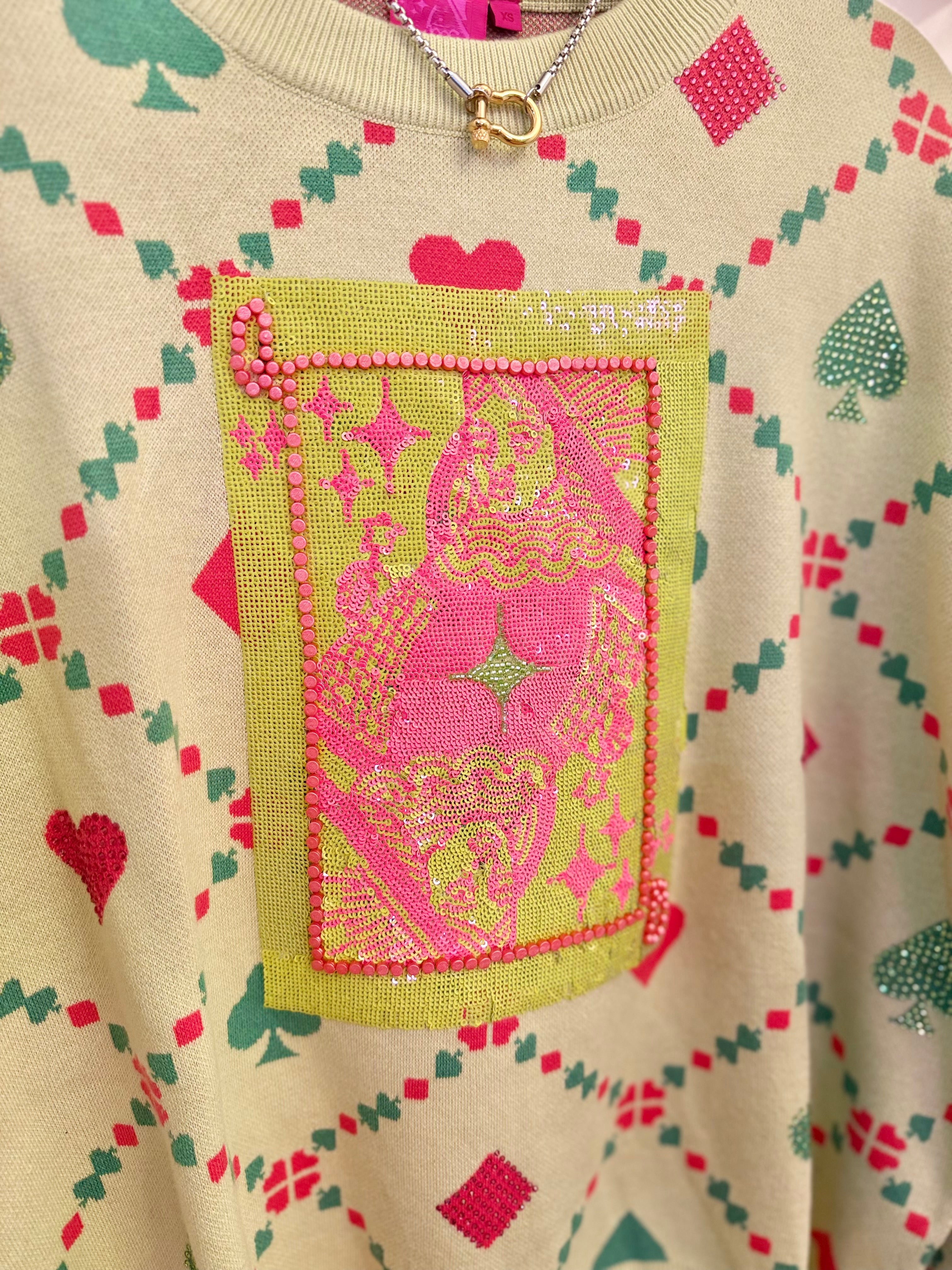Light Green Multi QOS Card Logo & Suits Sweater | Queen of Sparkles