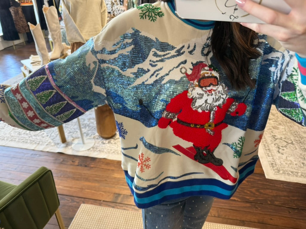 White & Blue Vintage Skiing Santa Sweatshirt | Queen of Sparkles