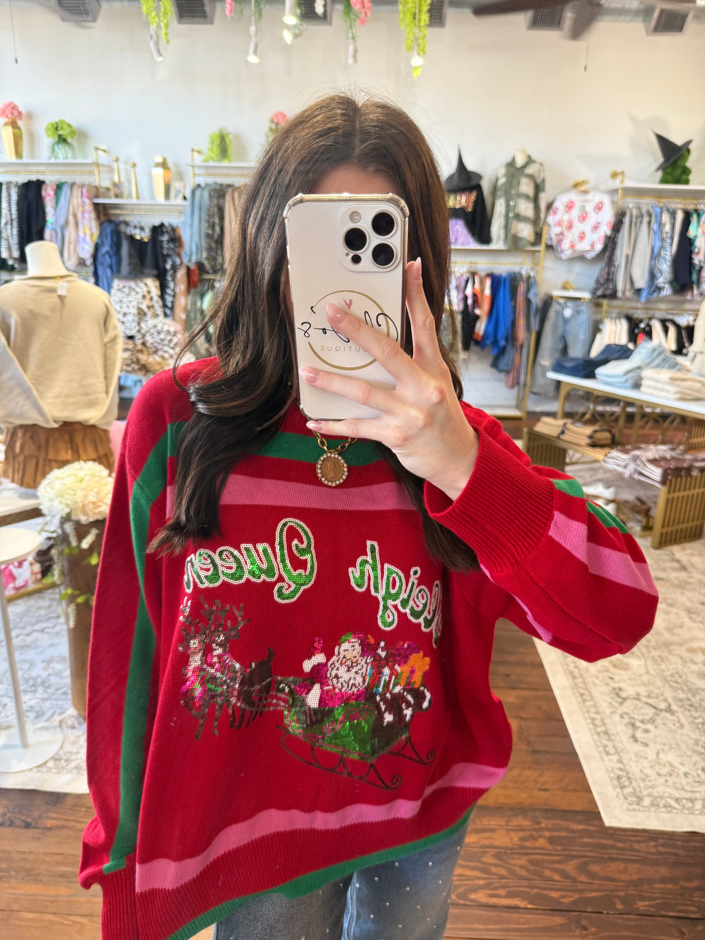 Red, Green & Pink 'Sleigh Queen' Stripe Sweater | Queen of Sparkles