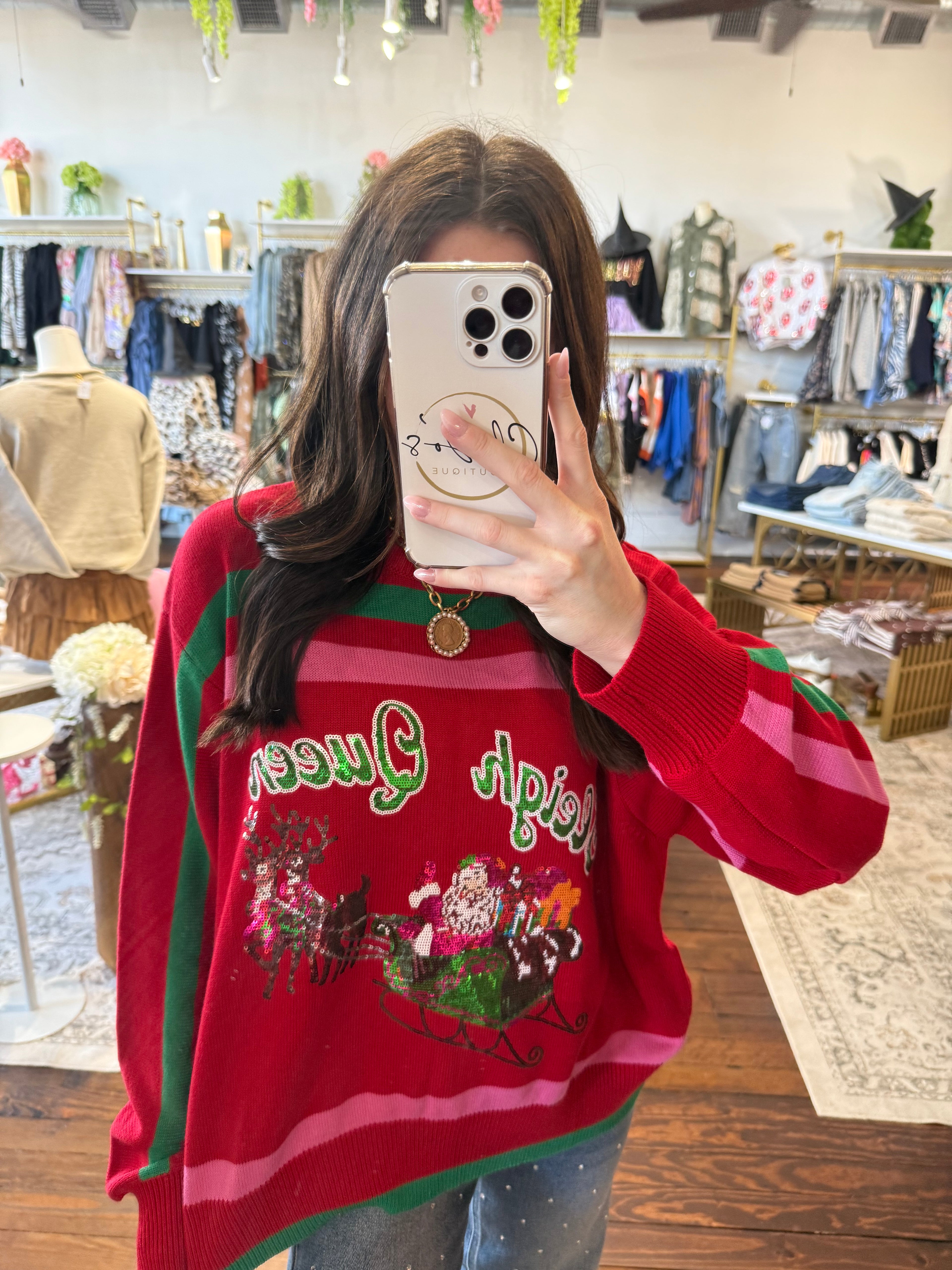 Red, Green & Pink 'Sleigh Queen' Stripe Sweater | Queen of Sparkles