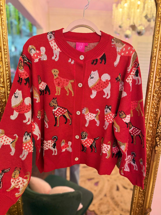 Red Dogs In Polka Dot Sweaters Cardigan | Queen of Sparkles