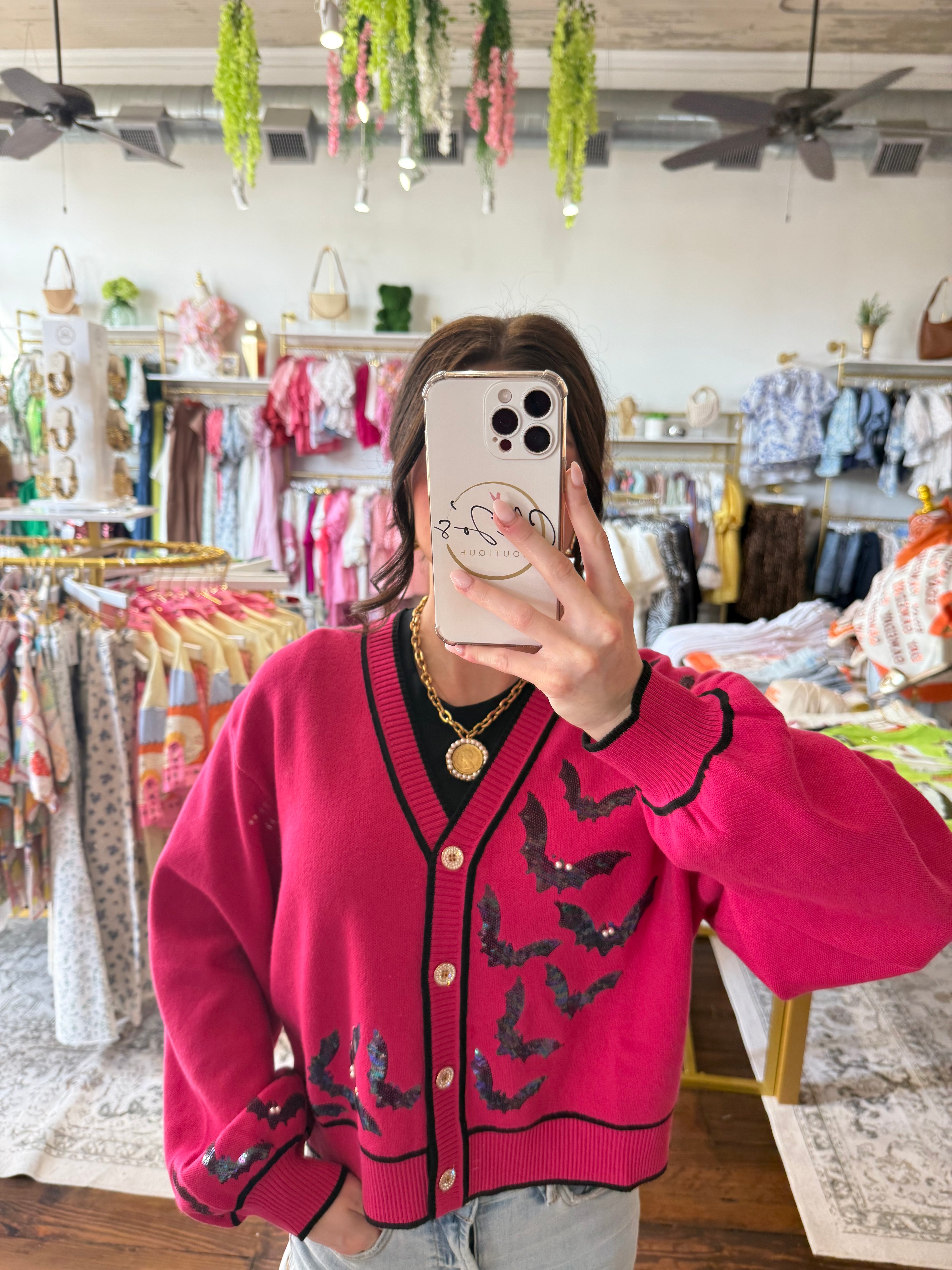 Bright Pink Crawling Bats Button Up Cardigan | Queen of Sparkles