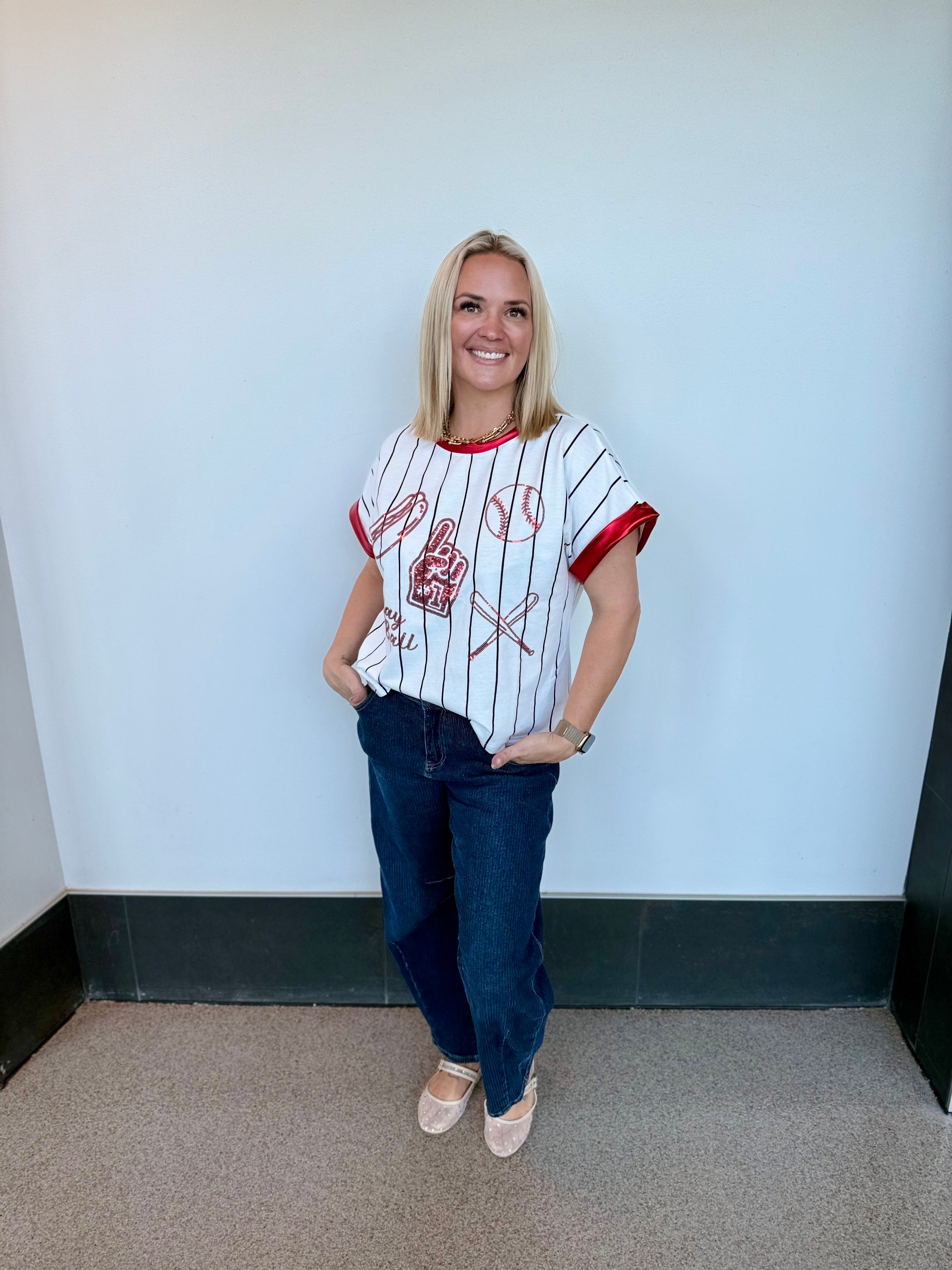 Play Ball Striped Red Sequin Tee | PLUS SIZE AVAILABLE