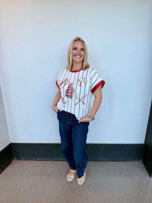 Play Ball Striped Red Sequin Tee | PLUS SIZE AVAILABLE