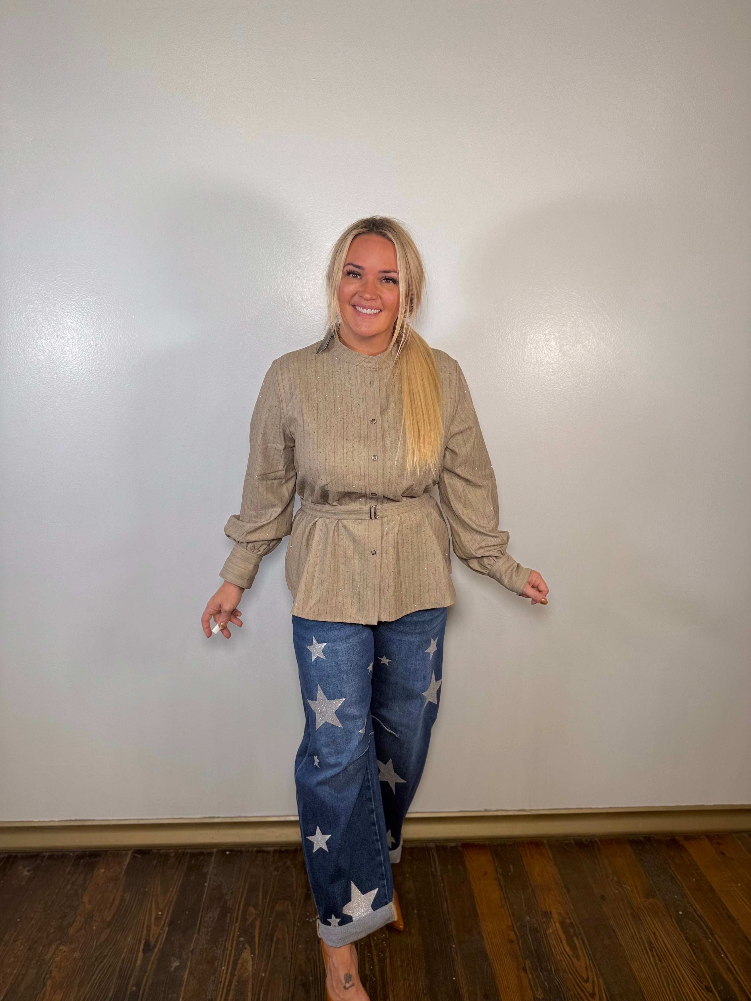 Mae Rhinestone Belted Blouse