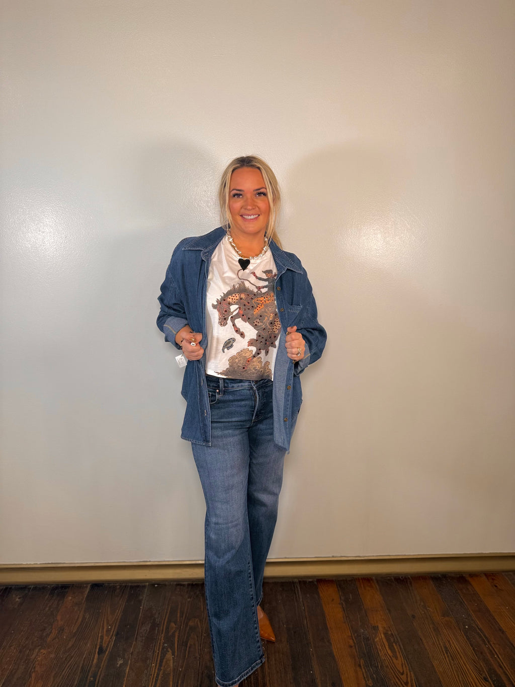 Cropped Rhinestone Studded Bronco Rider Graphic Tee