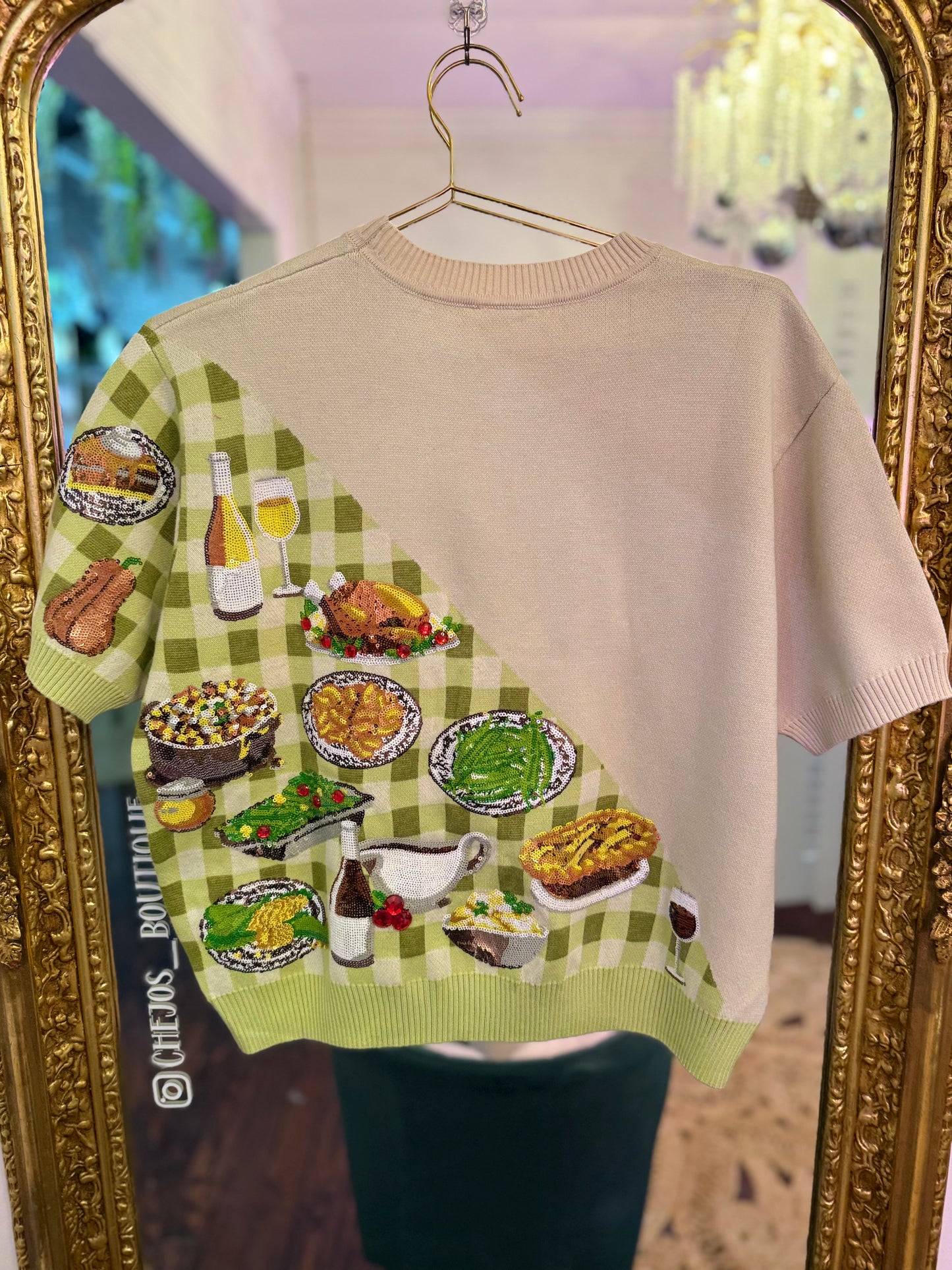 Ivory & Green Gingham Colorblock Thanksgiving Meal Knit Top | Queen of Sparkles