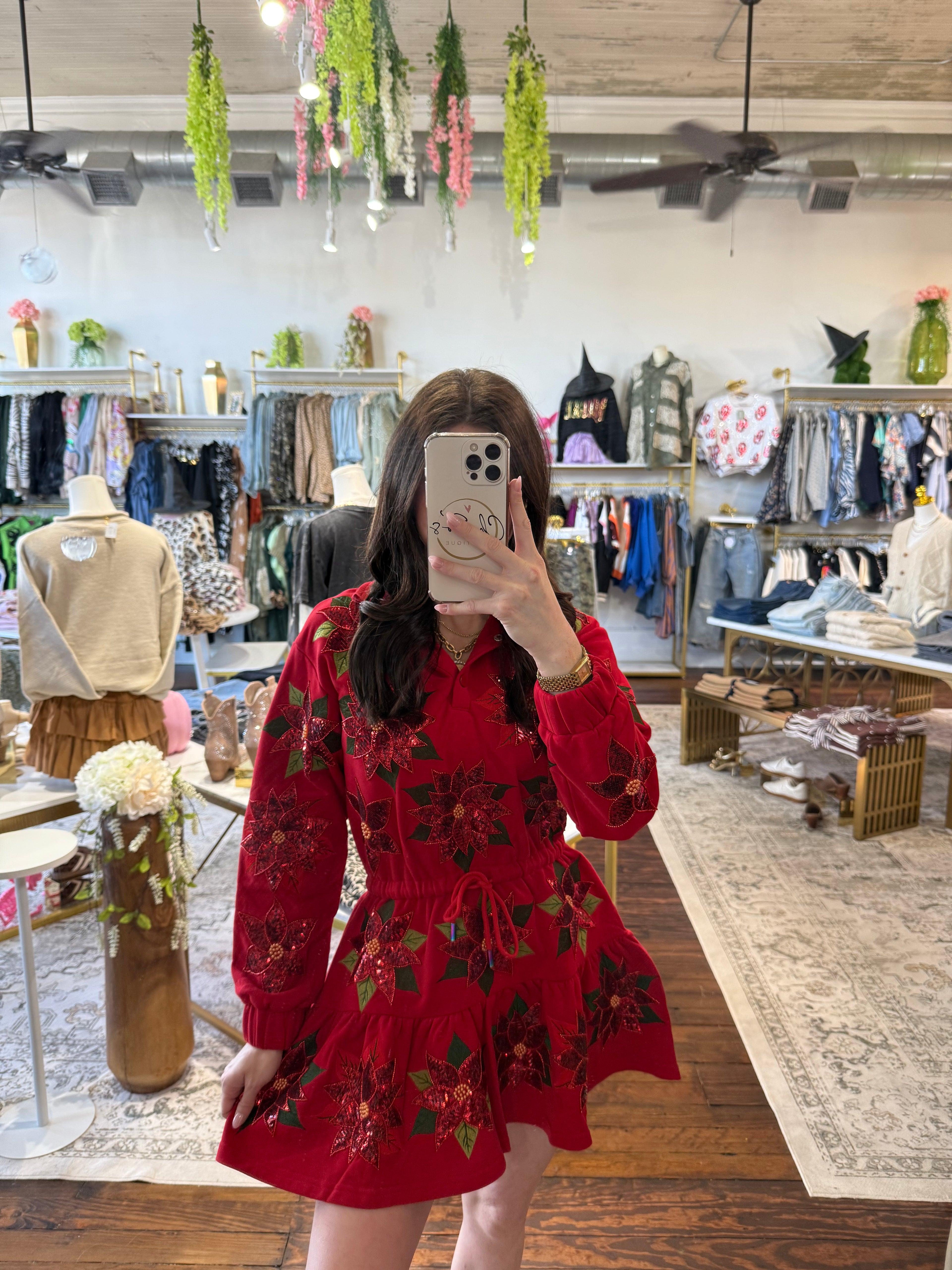 Red Poinsettia Button Up Mock Neck Tie Sweatshirt Dress | Queen Of Sparkles