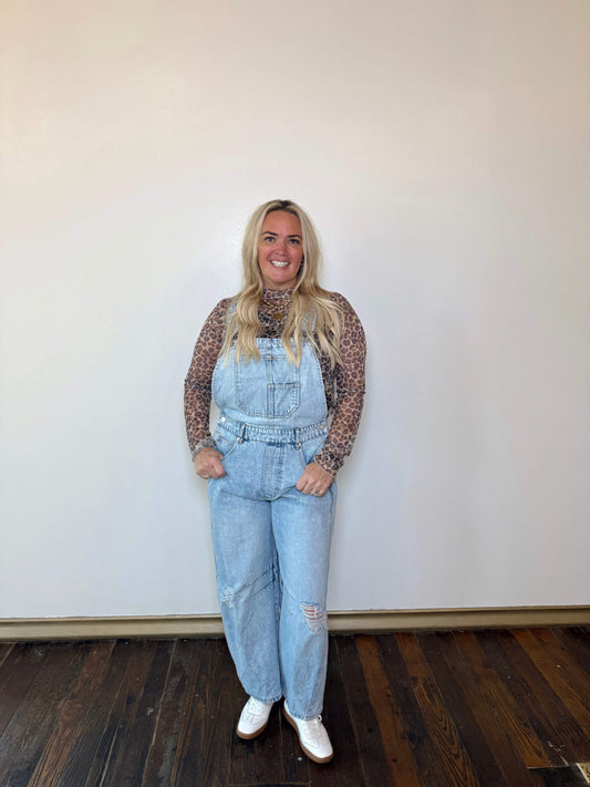 Distressed Barrel Jean Overalls