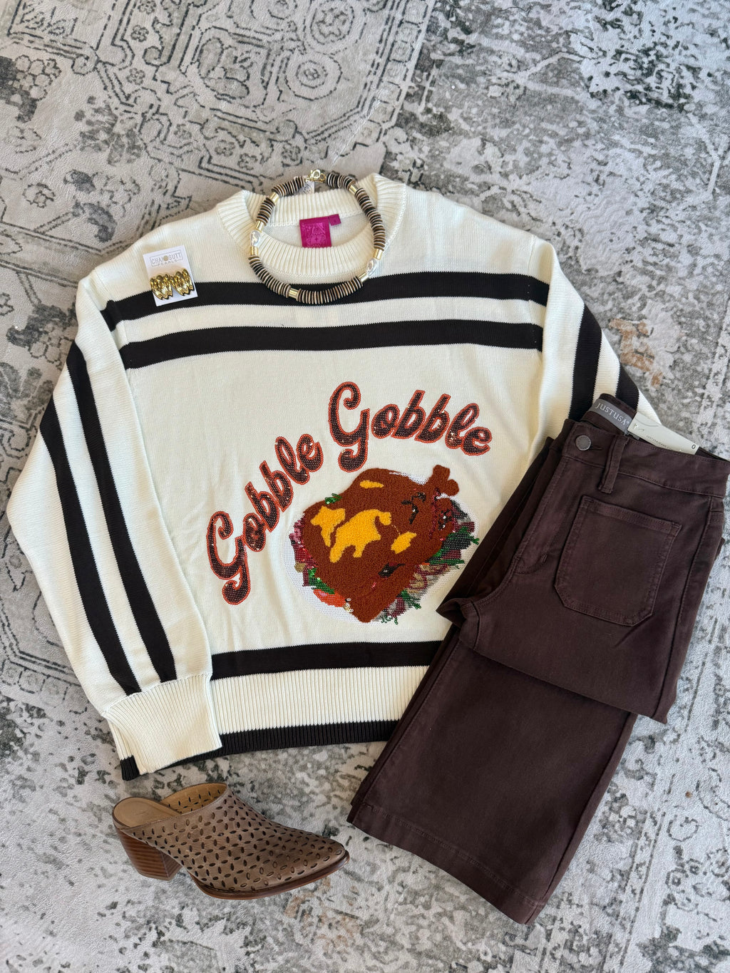 White & Brown Stripe 'Gobble' Long Sleeve Sweater | Queen of Sparkles