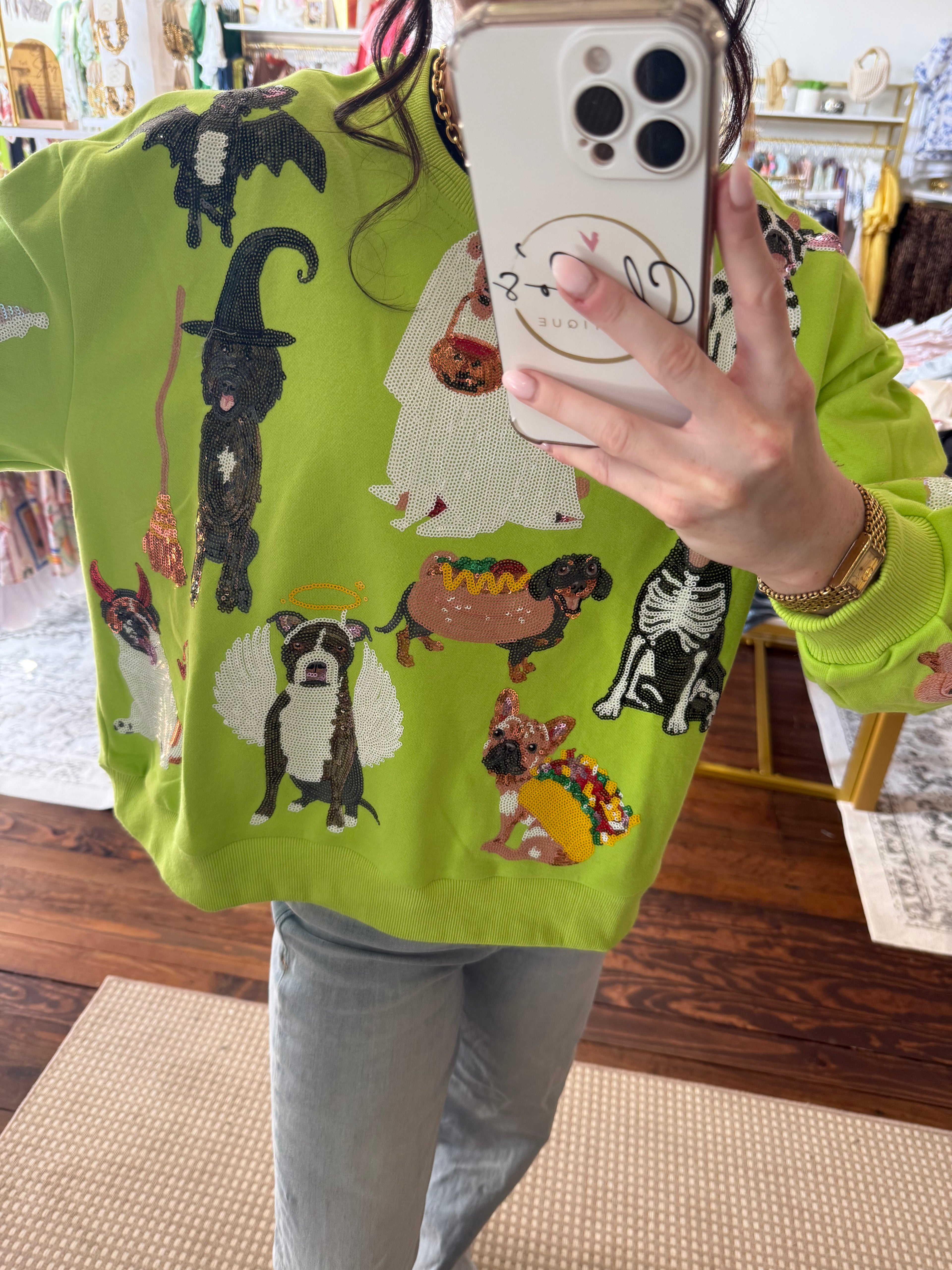 Lime Green Halloween Dogs Sweatshirt | Queen of Sparkles