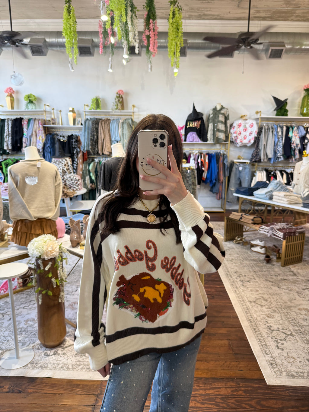 White & Brown Stripe 'Gobble' Long Sleeve Sweater | Queen of Sparkles