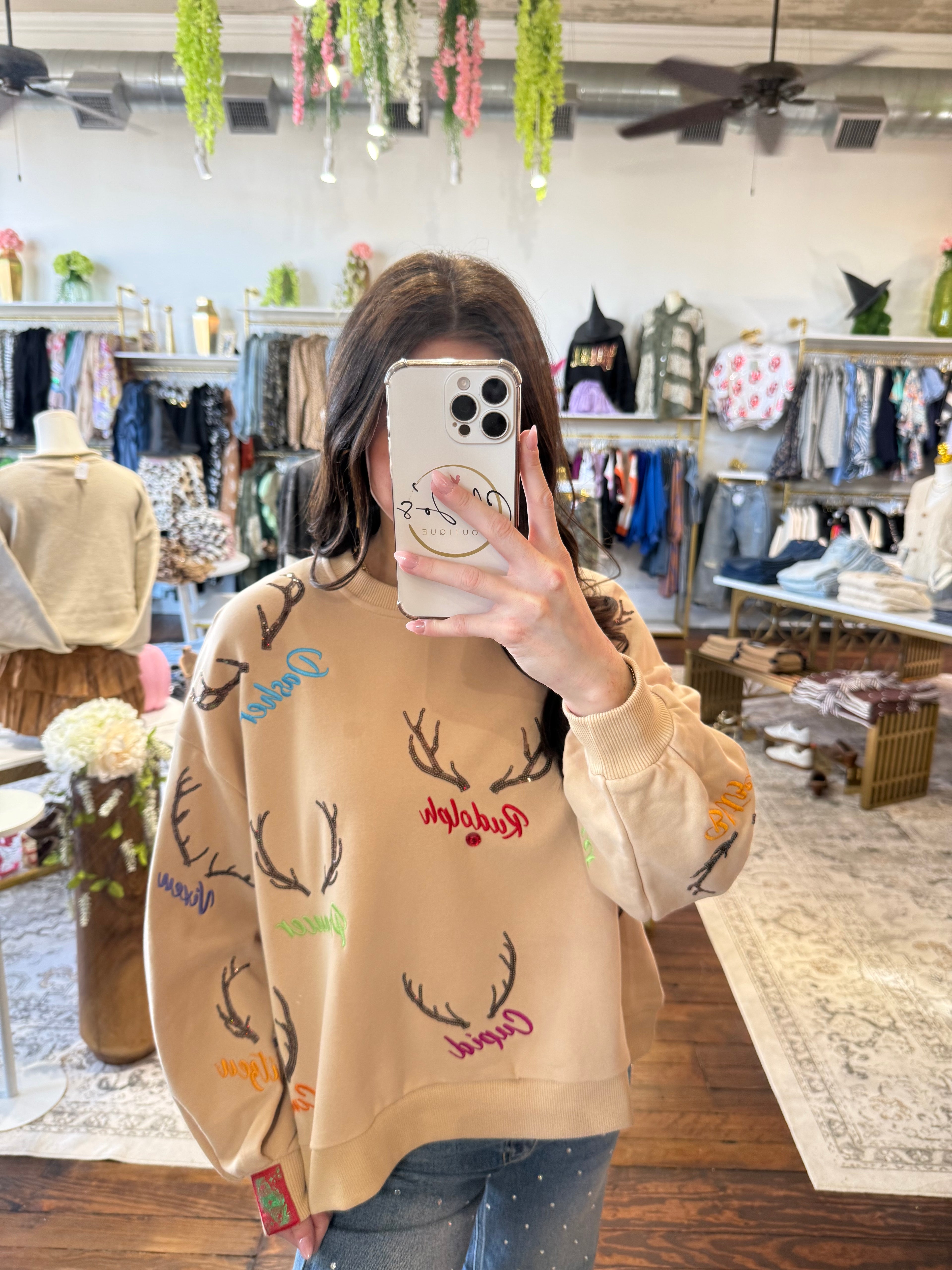 Tan Reindeer Name & Antlers Sweatshirt | Queen of Sparkles