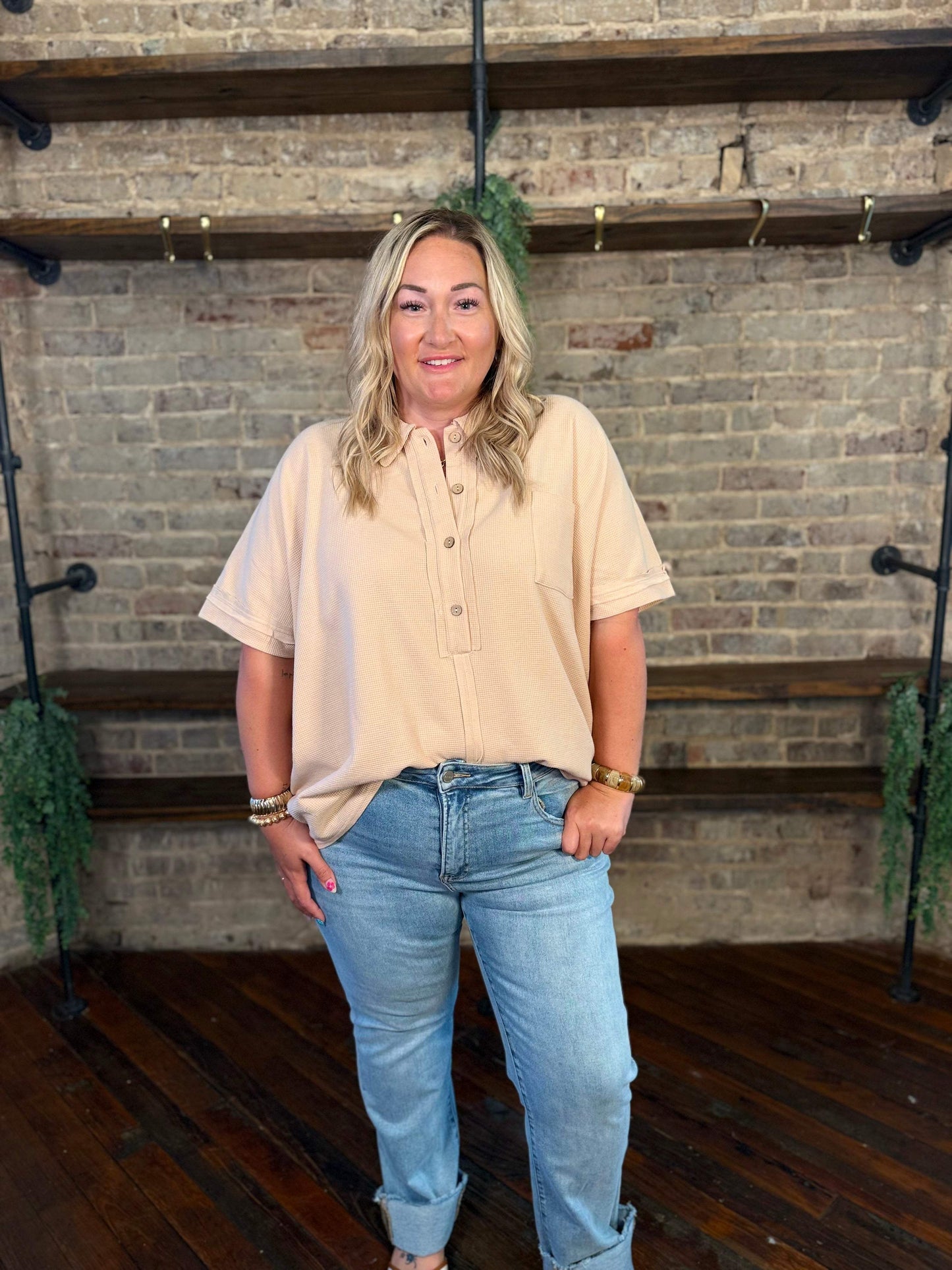 PLUS SIZE | Waffle Knit Button Down Top
