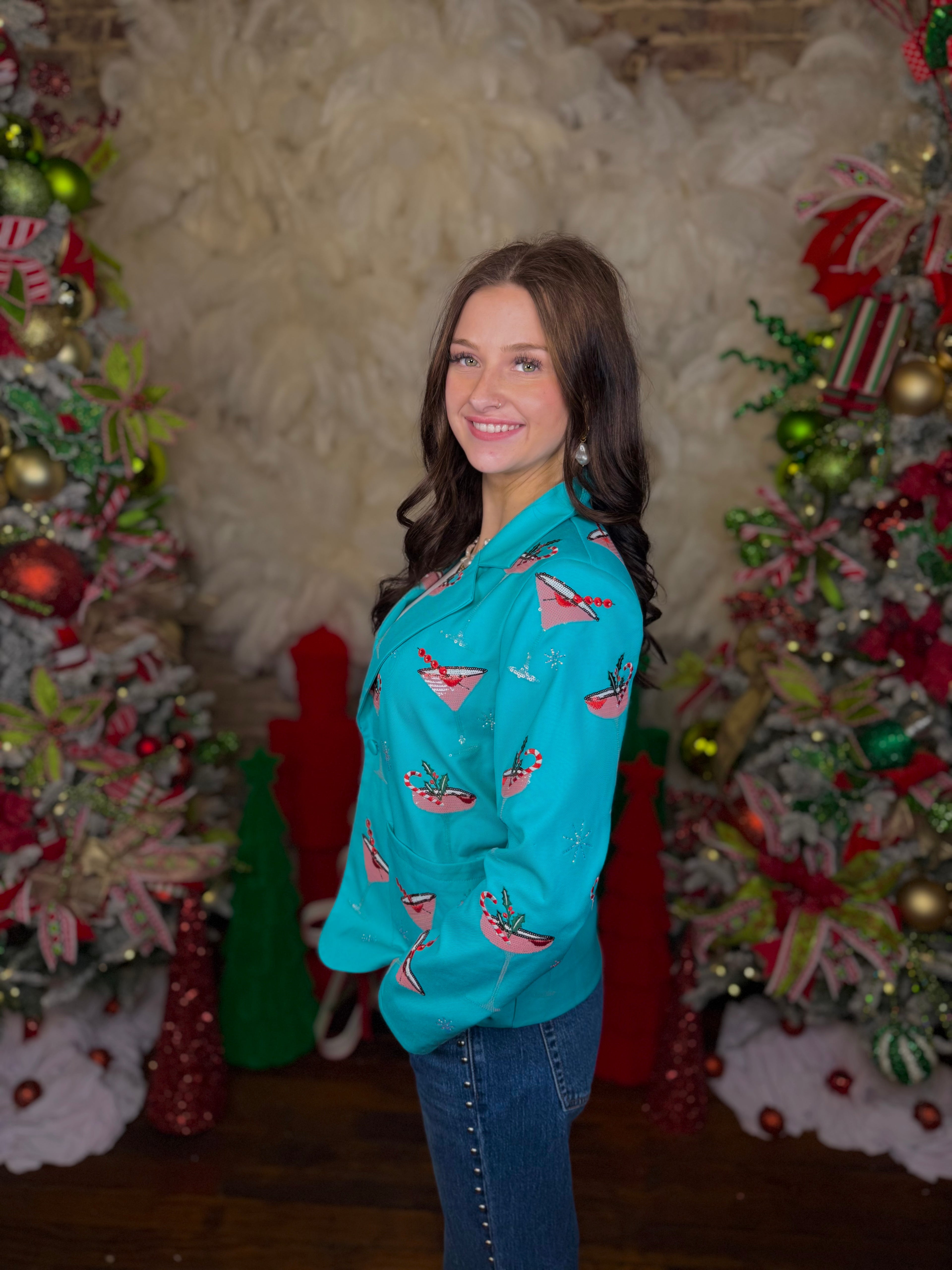 Aqua Christmas Cocktail Blazer | Queen of Sparkles
