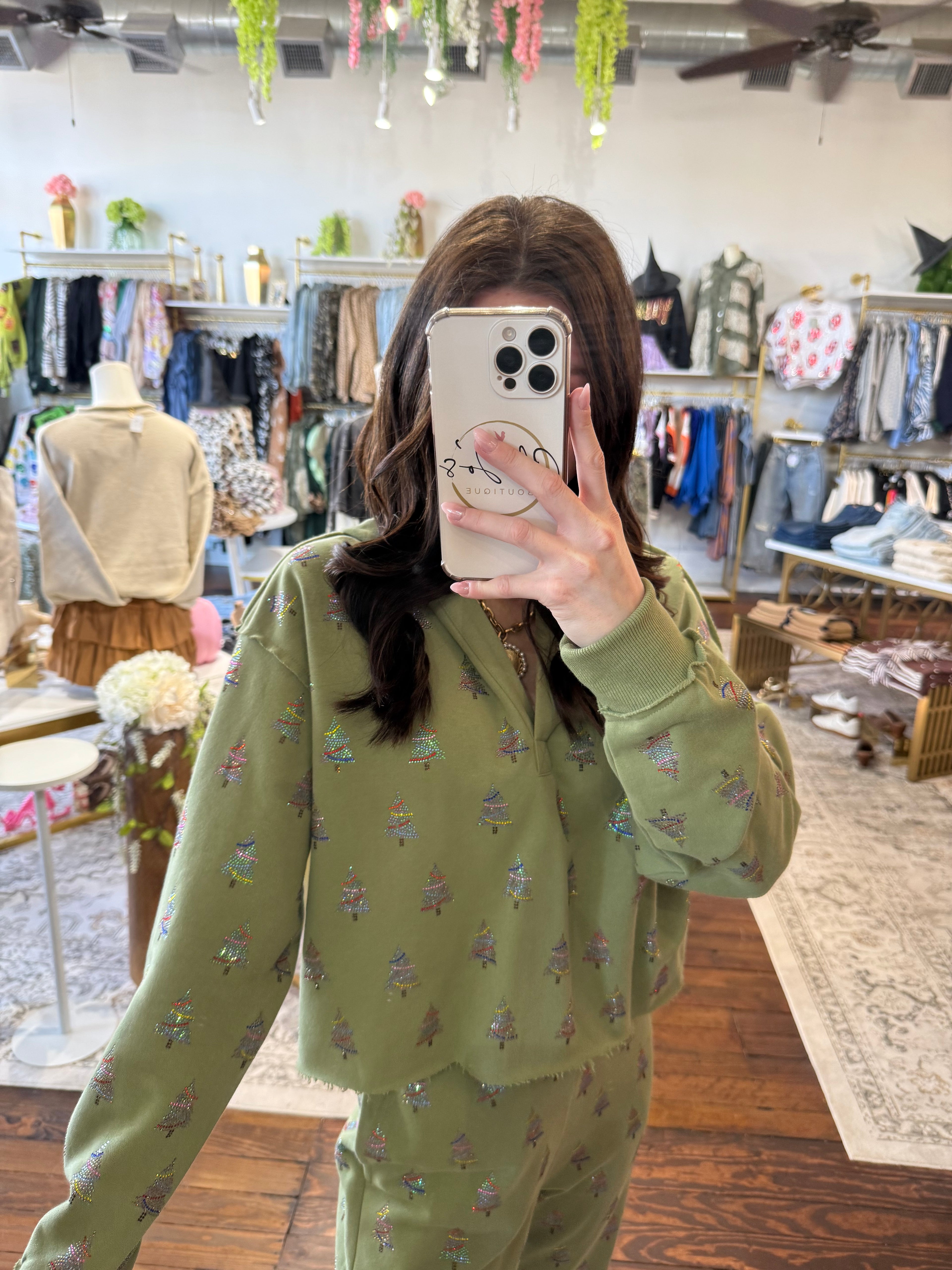 Mossy Green Scattered Multi Christmas Tree Hoodie | Queen of Sparkles